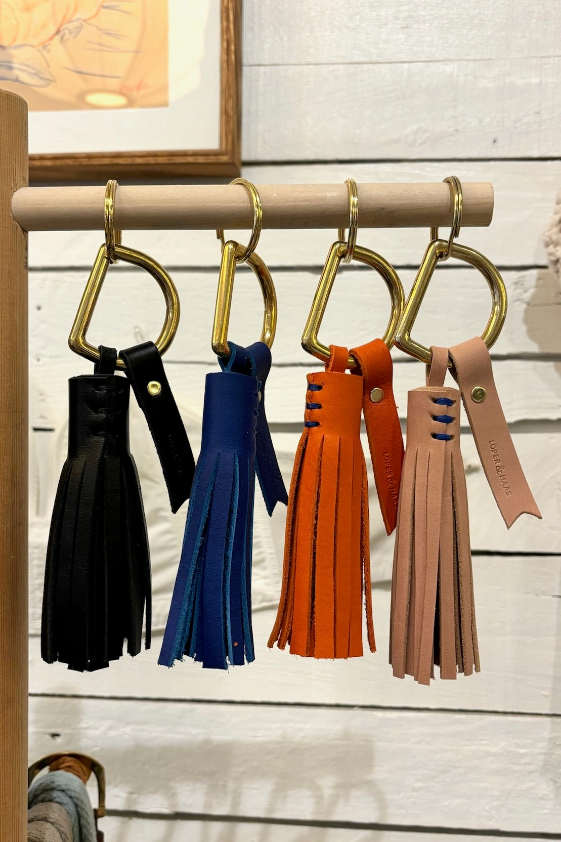 Tassel Keychain / Peachy Veg with Cobalt Stitching