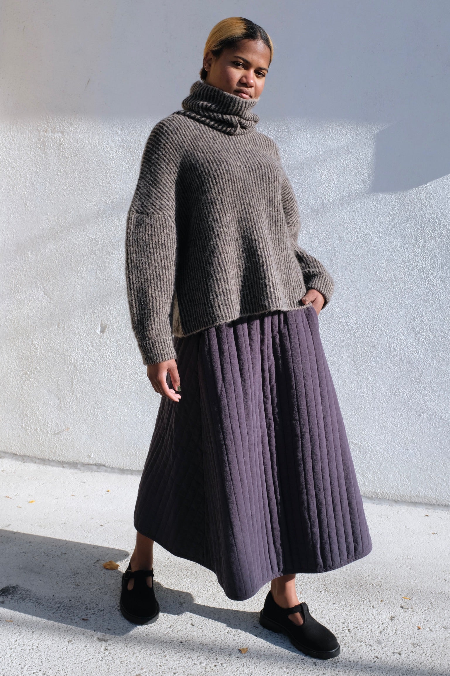 Black Crane Quilted Skirt / Dark Navy