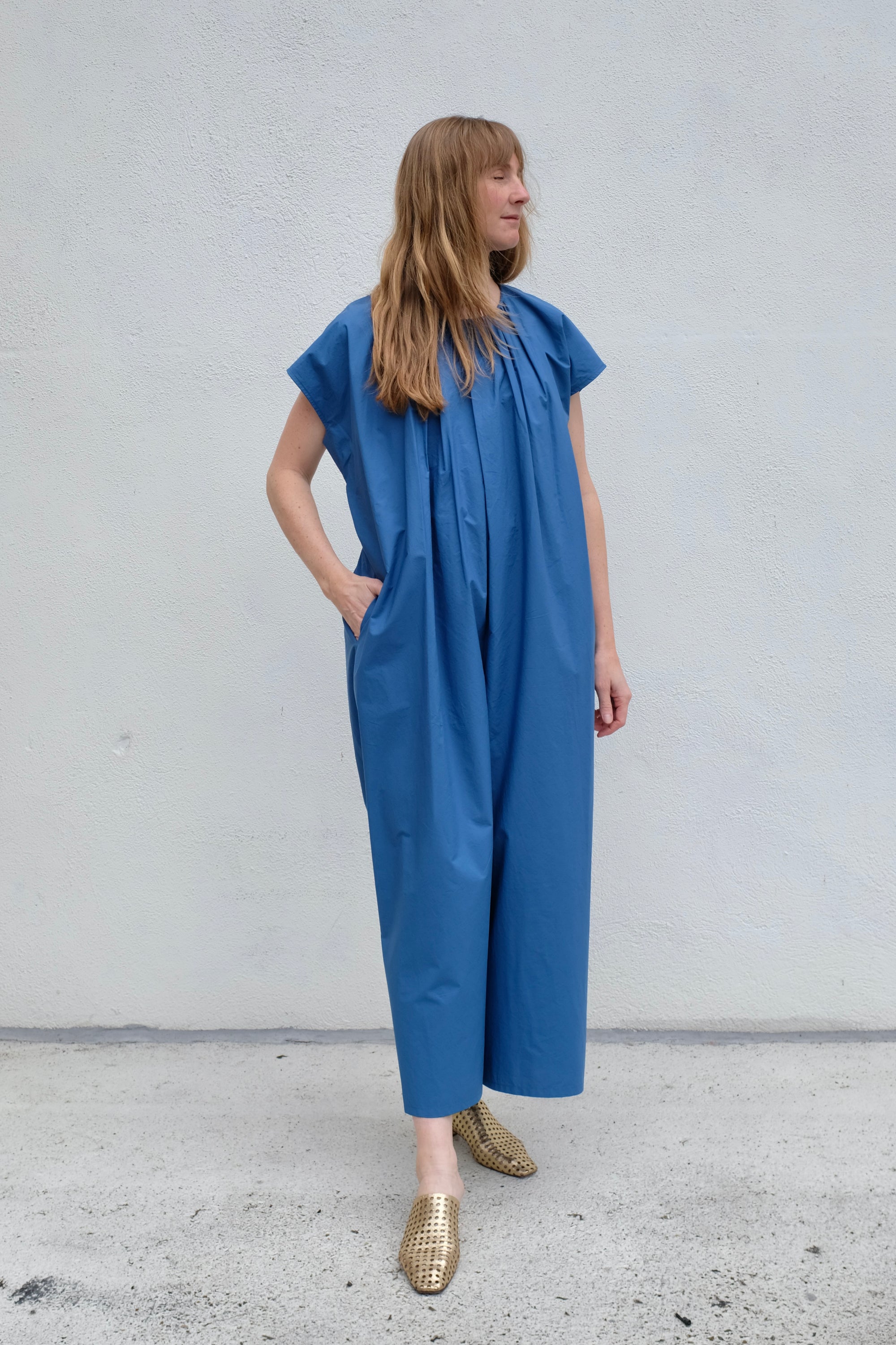Black Crane Shirred Jumpsuit / Blue