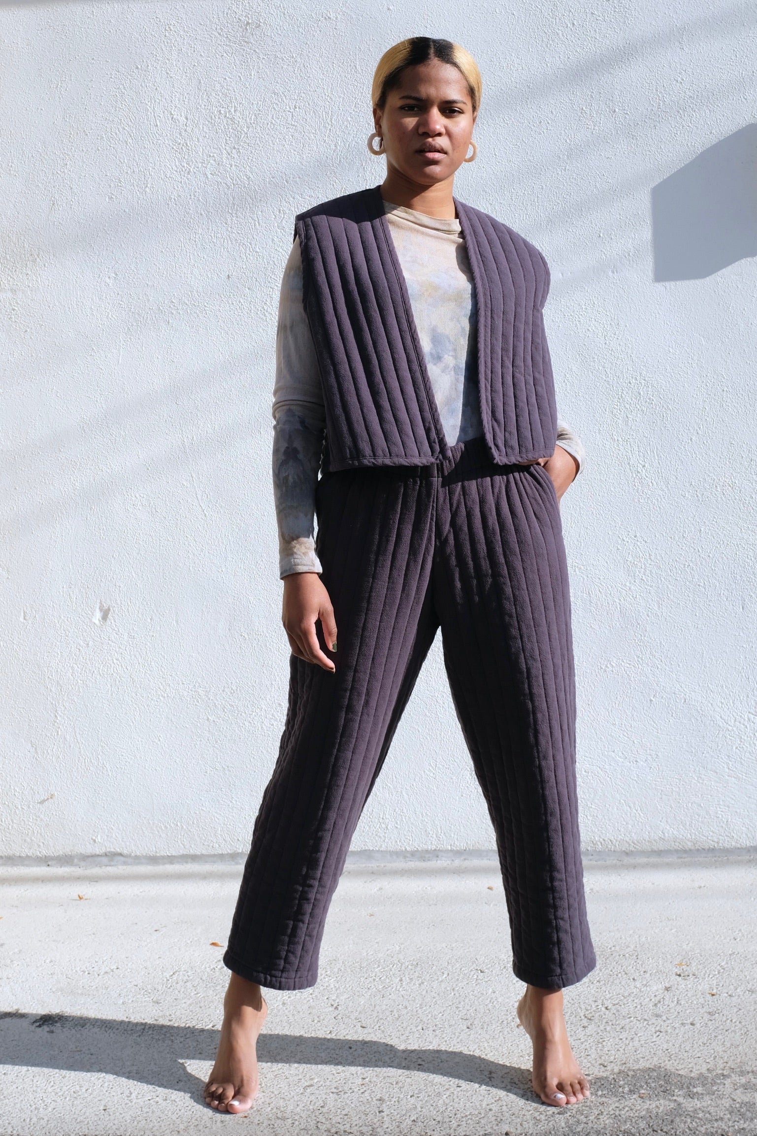 Black Crane Quilted Easy Pants / Dark Navy