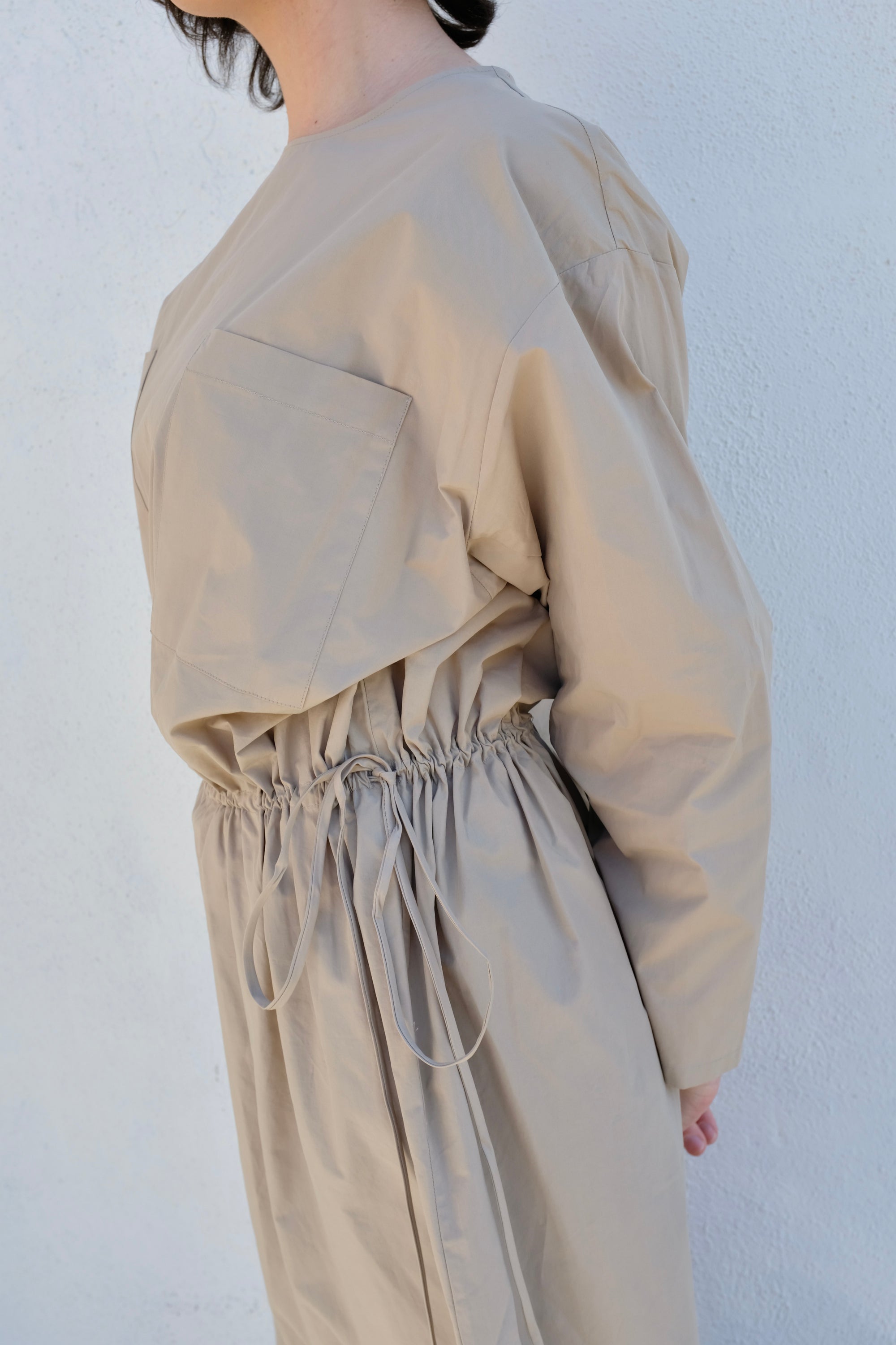 Modern Weaving Drawstring Pocket Dress / Taupe