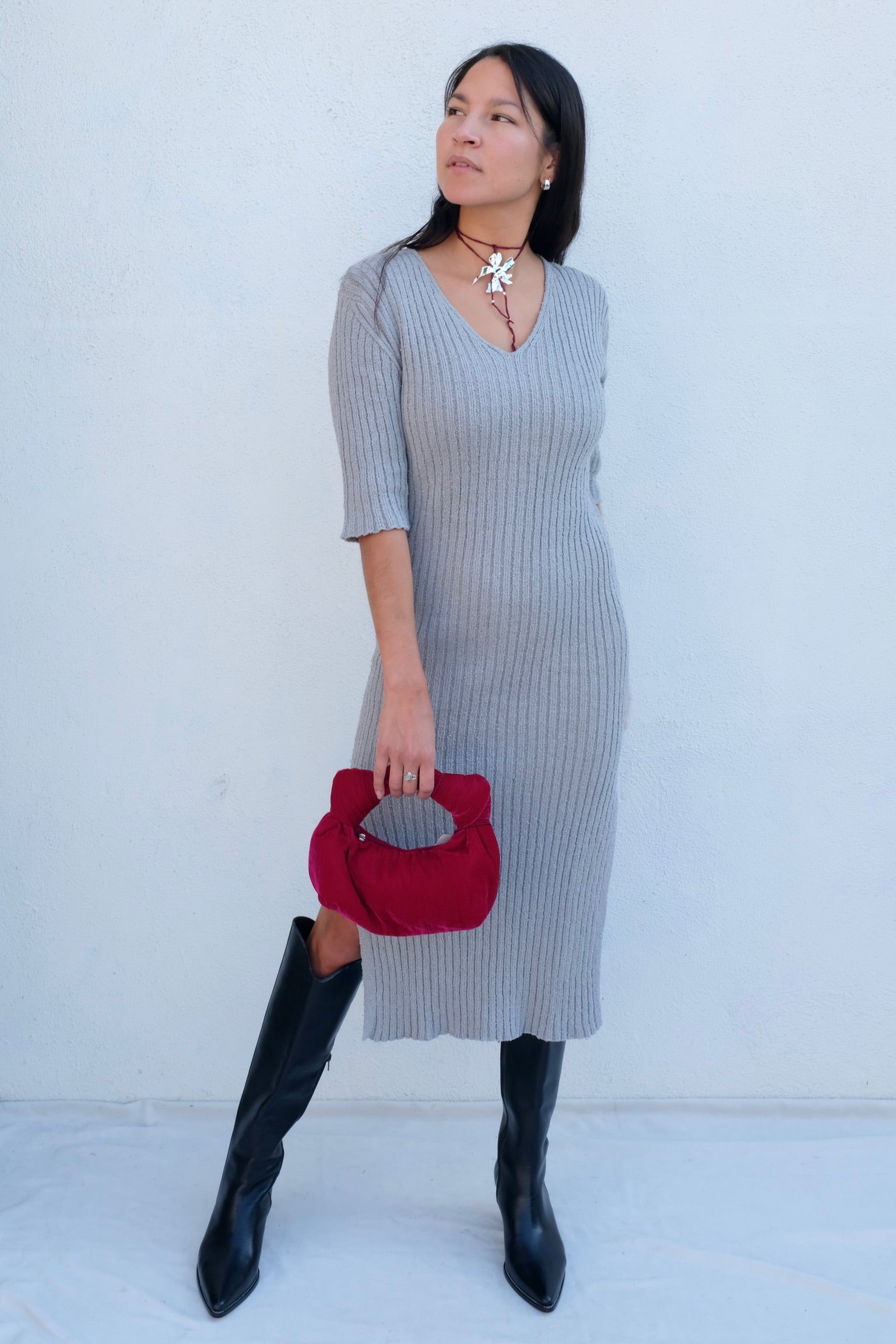 Bouclé V Neck Dress / Light Grey