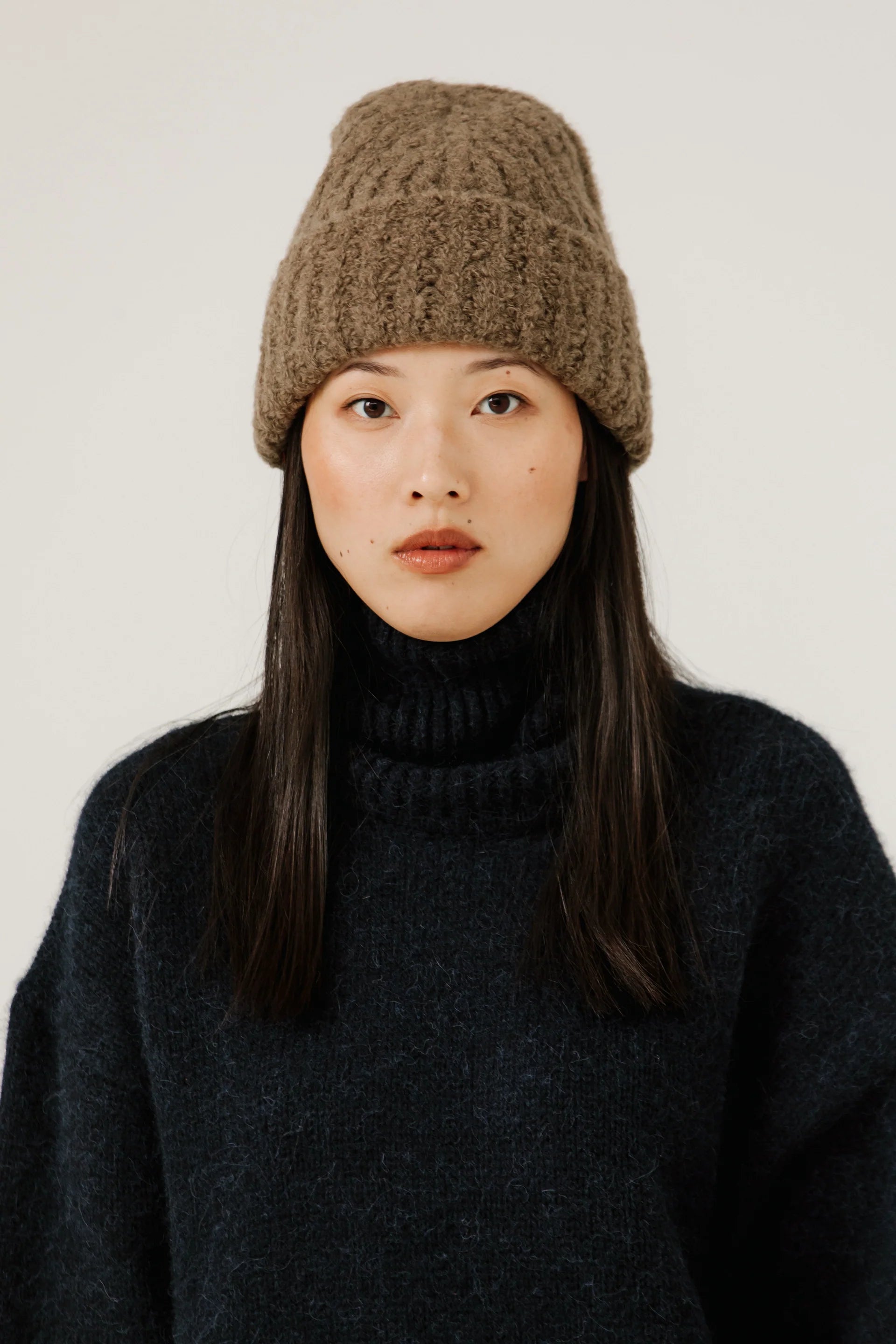 Bare Knitwear Colette Boucle Beanie / Dark Khaki