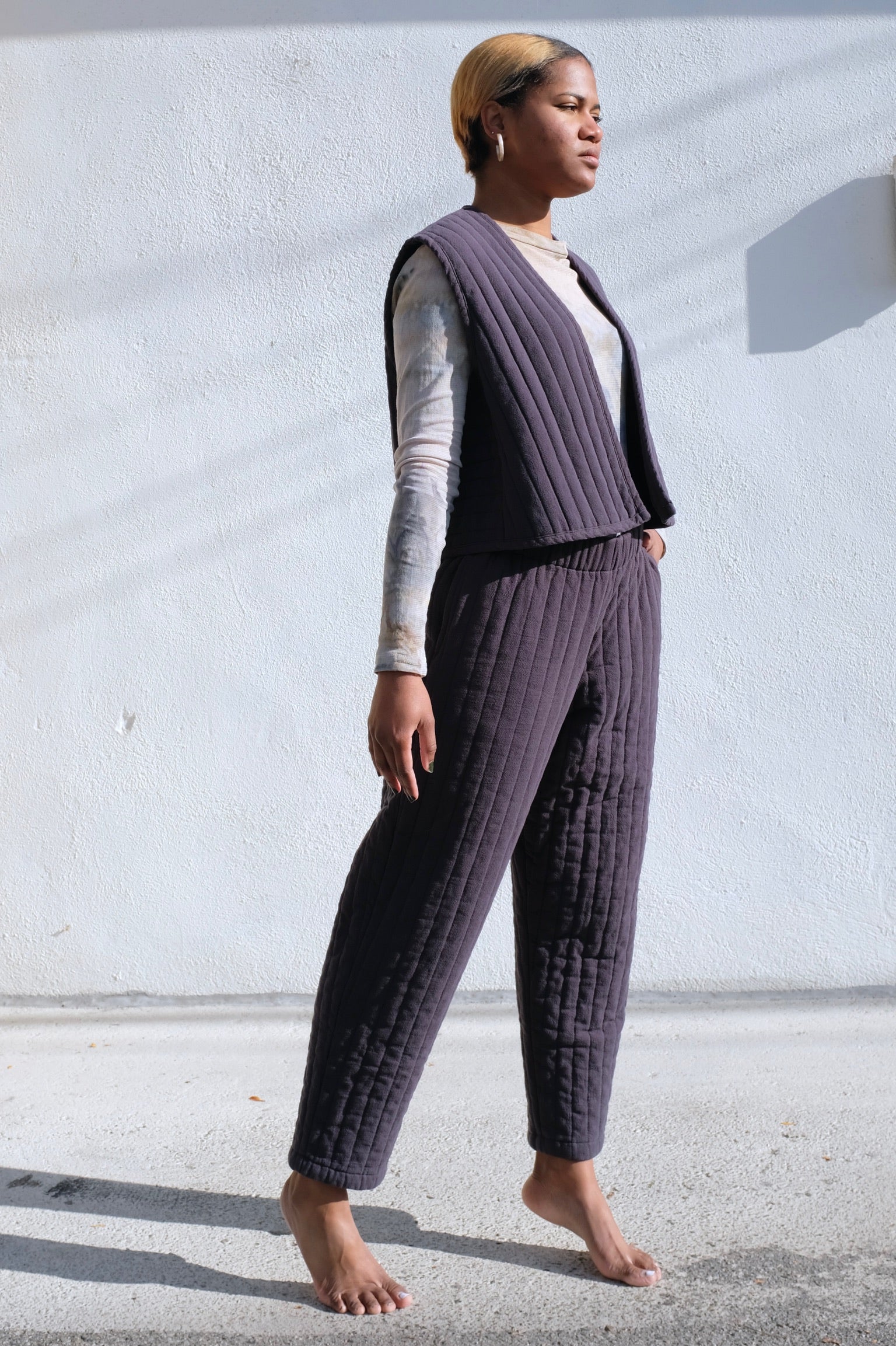 Black Crane Quilted Easy Pants / Dark Navy