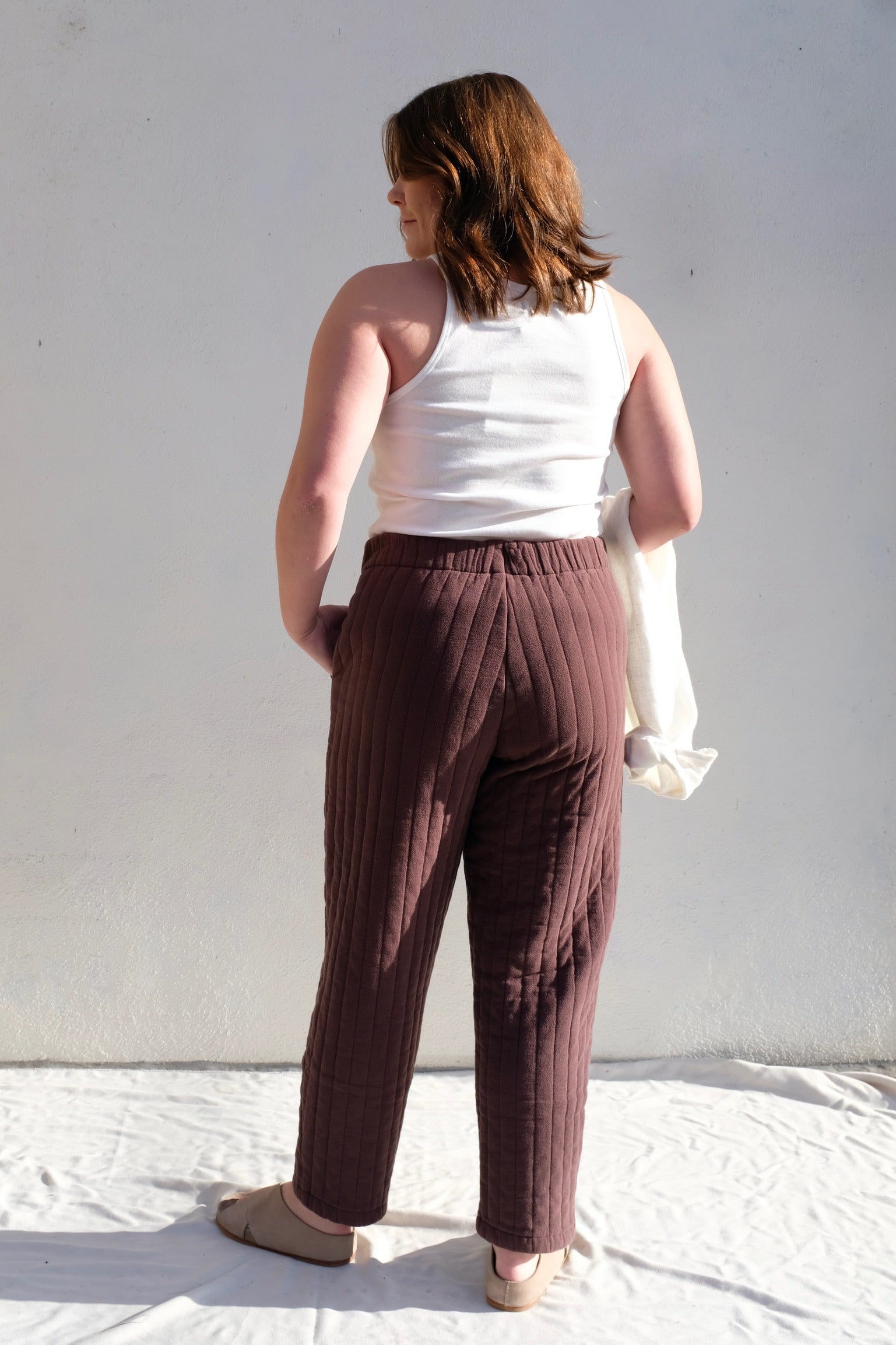 Black Crane Quilted Easy Pants / Plum