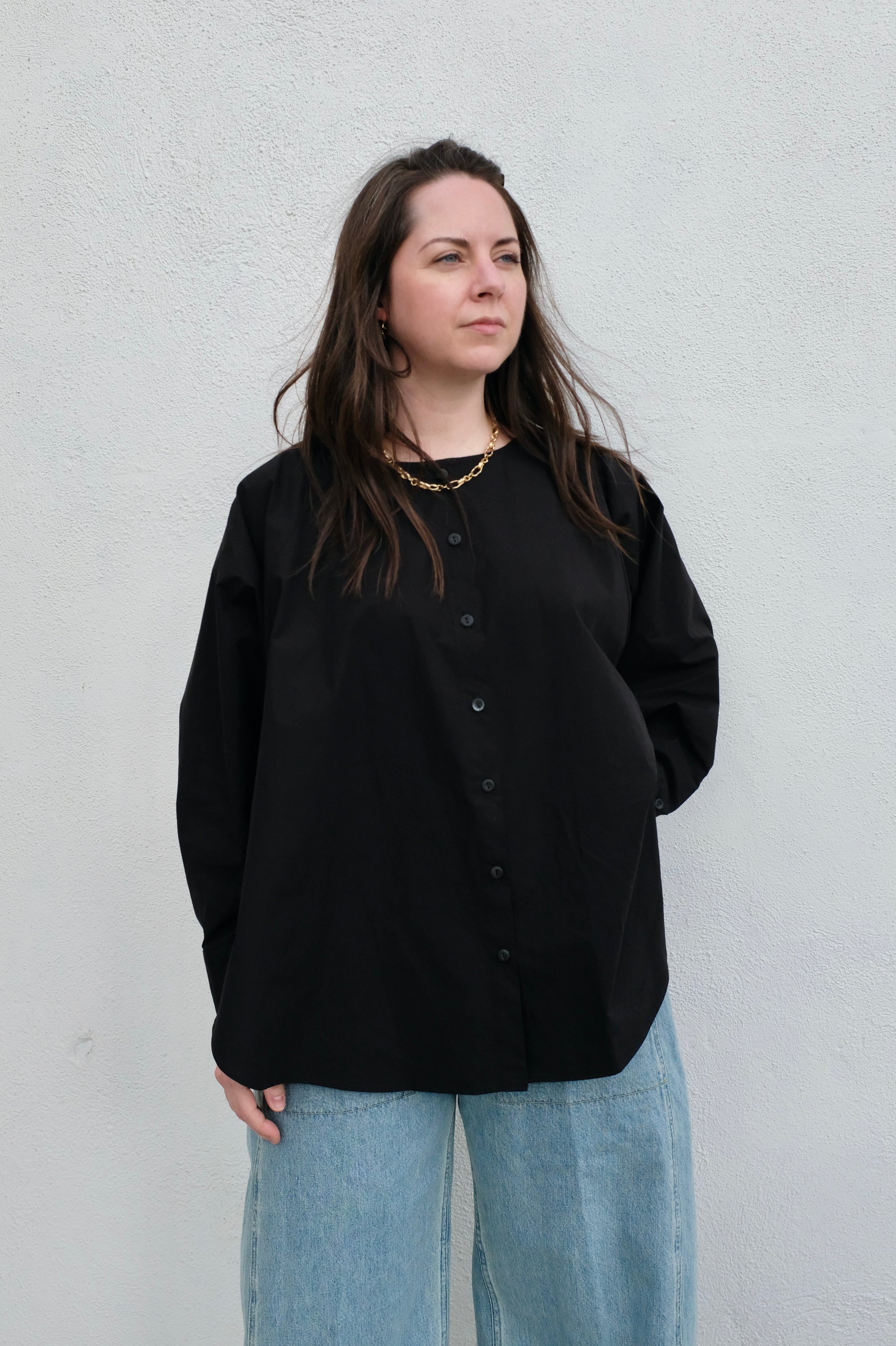 Modern Weaving Almond Bateau Button Up / Black