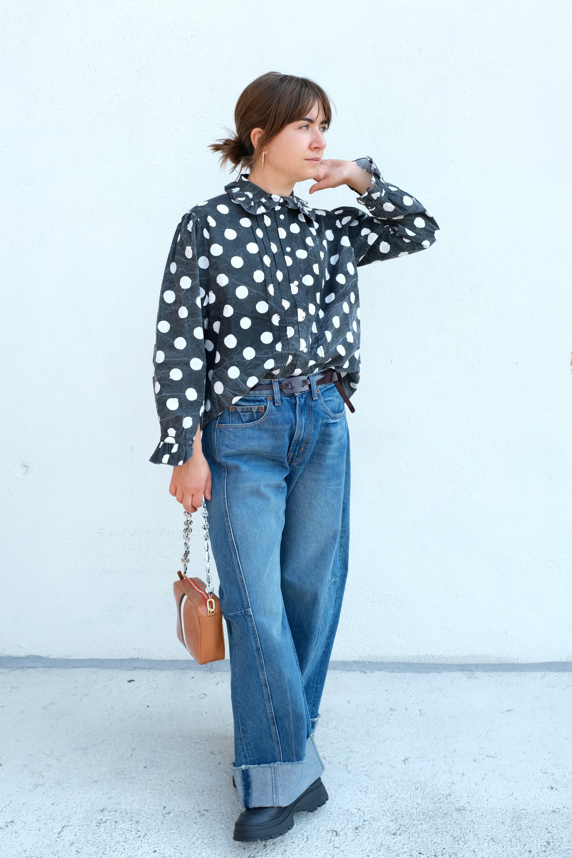 Jane Printed Cotton Blouse / Washed Black & White