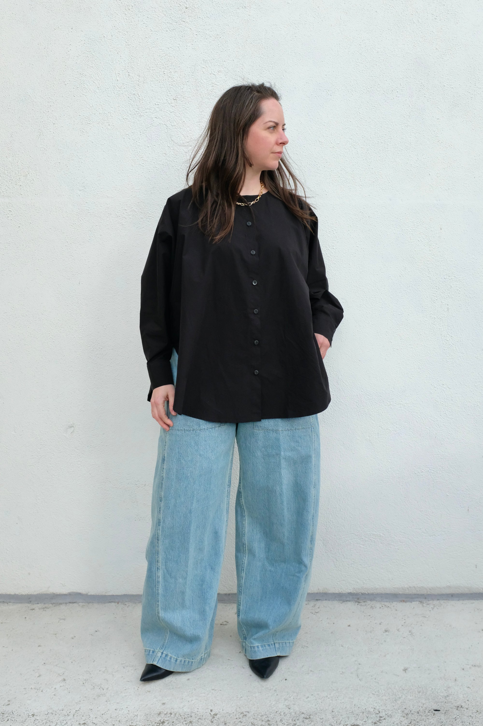 Modern Weaving Almond Bateau Button Up / Black