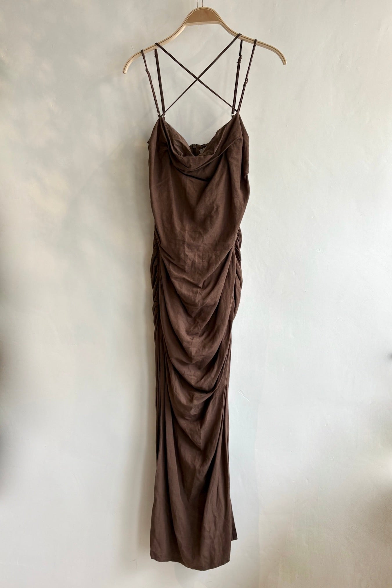 Pre-Loved Rumer / Brown Linen Ruched Maxi Dress / Sz XL – ad hoc penticton
