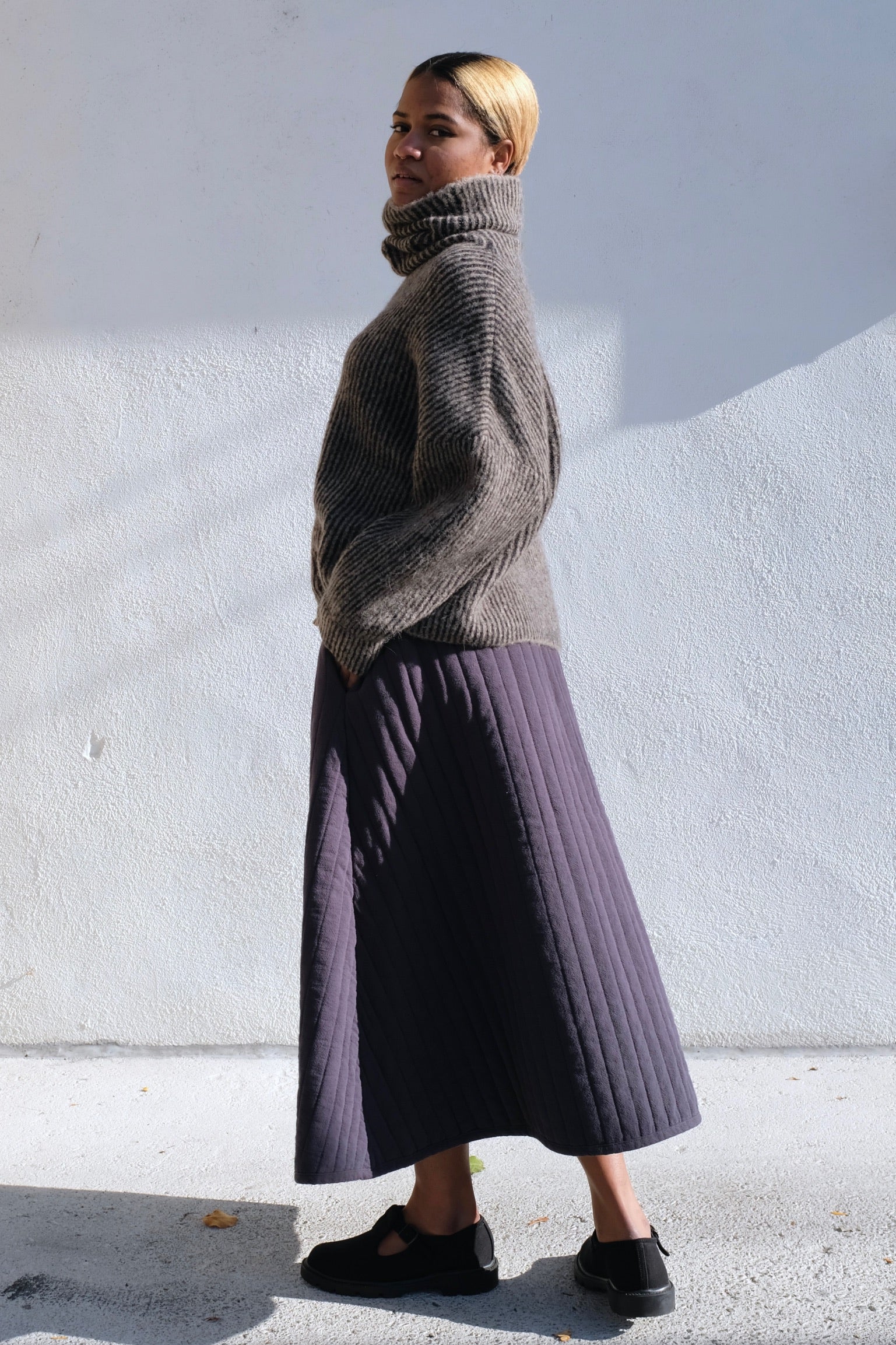 Black Crane Quilted Skirt / Dark Navy