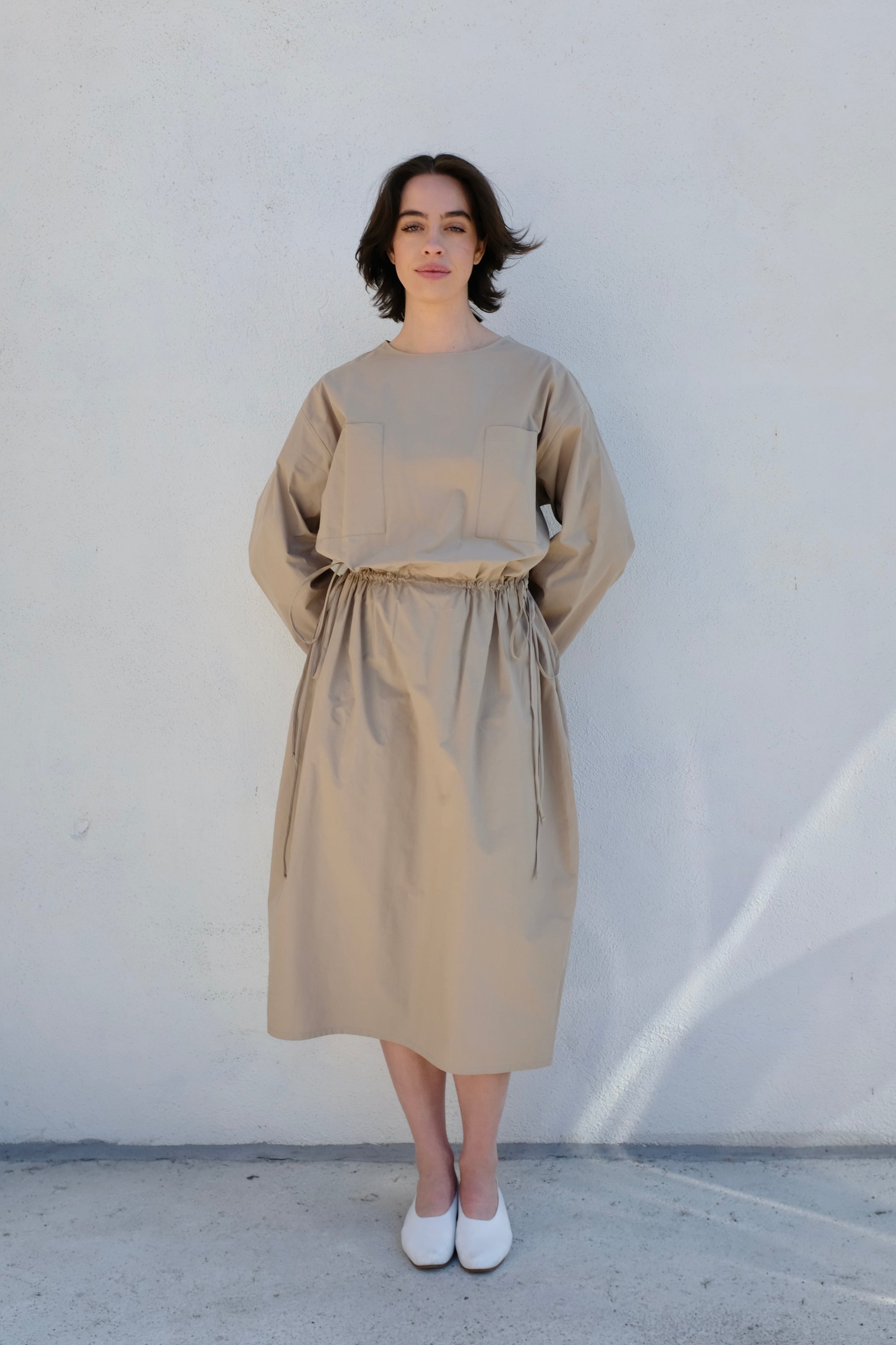 Modern Weaving Drawstring Pocket Dress / Taupe