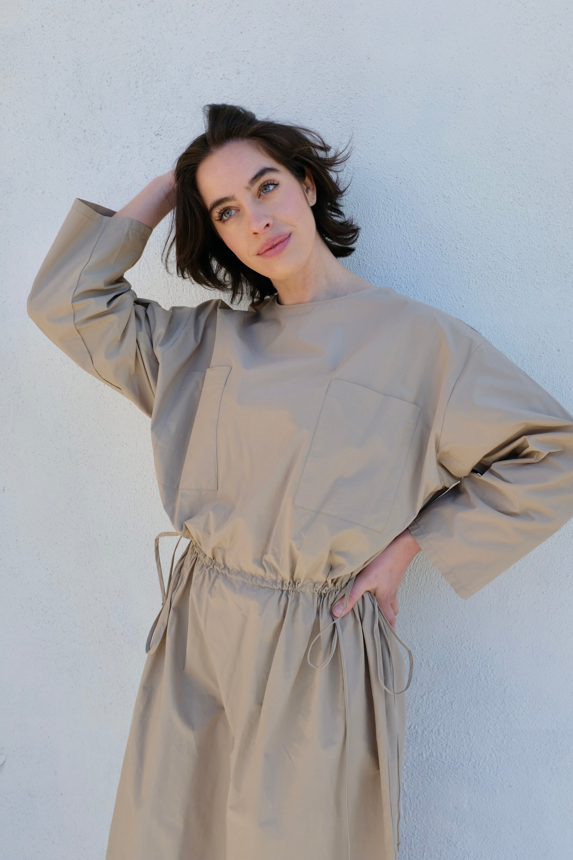 Modern Weaving Drawstring Pocket Dress / Taupe