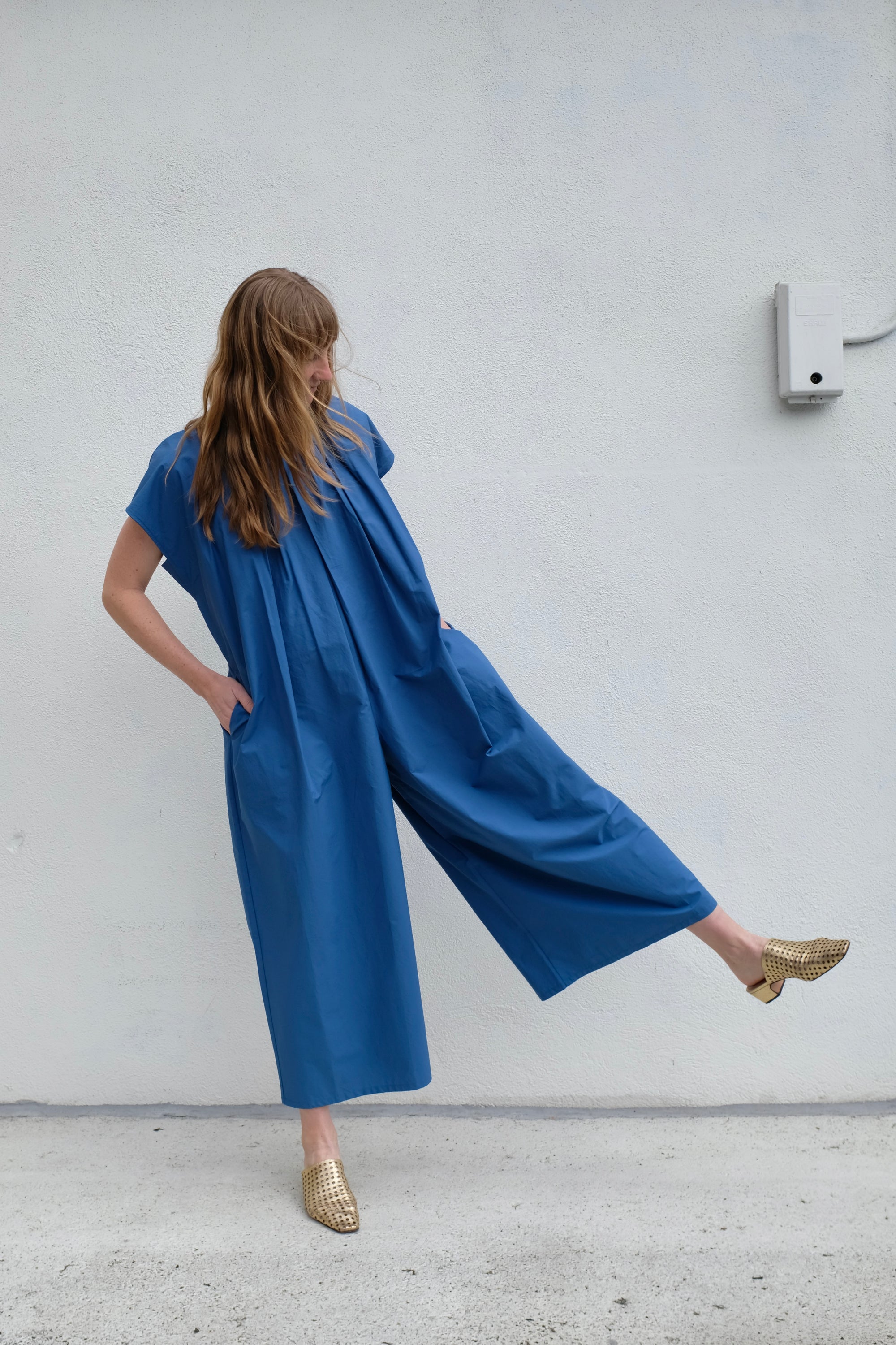 Black Crane Shirred Jumpsuit / Blue