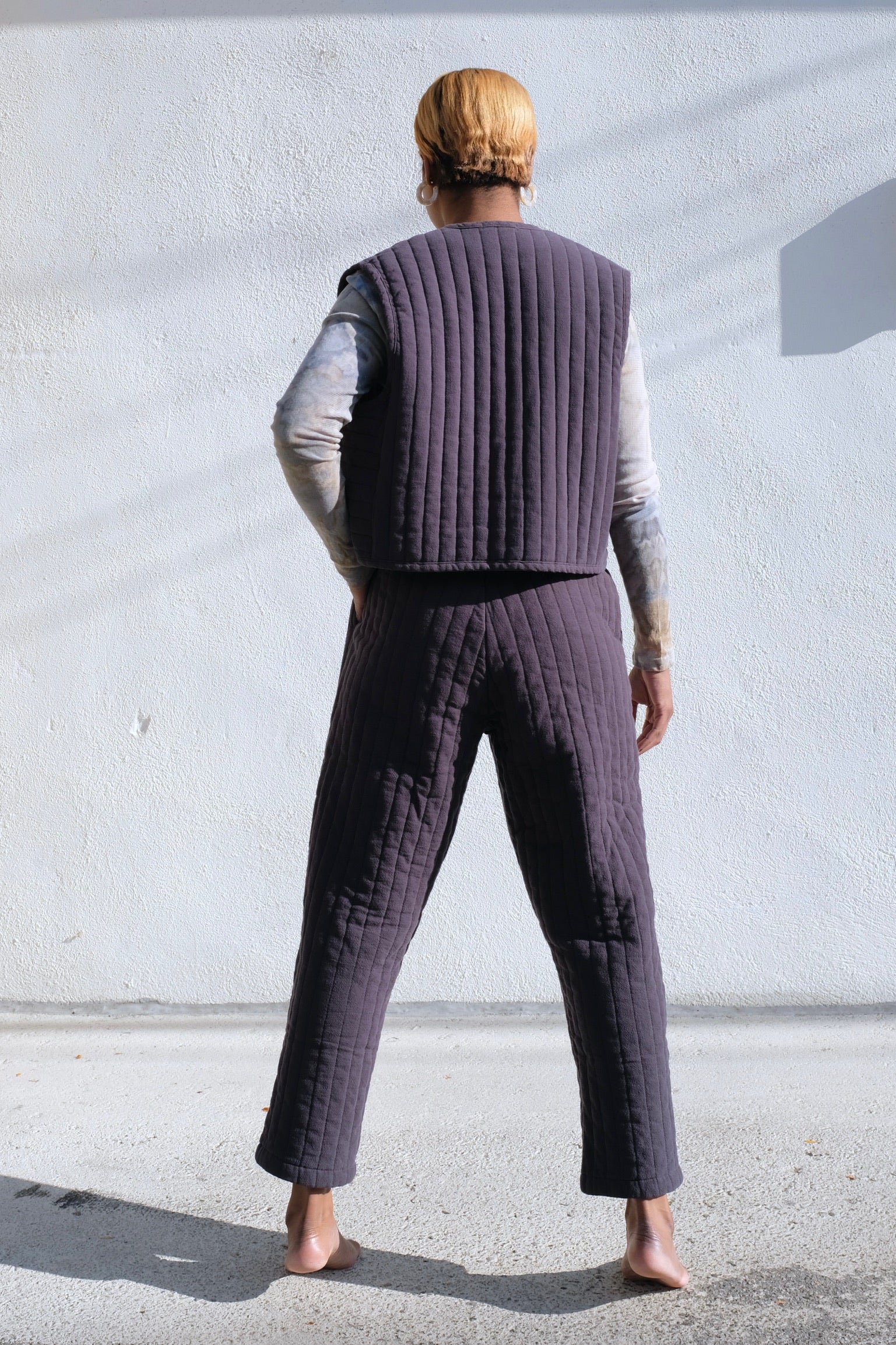 Black Crane Quilted Easy Pants / Dark Navy