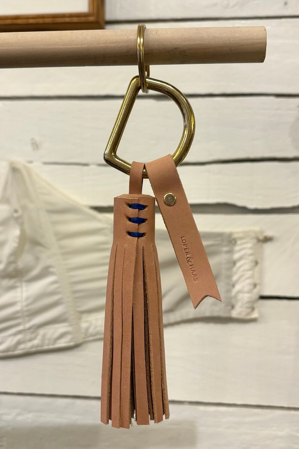 Tassel Keychain / Peachy Veg with Cobalt Stitching
