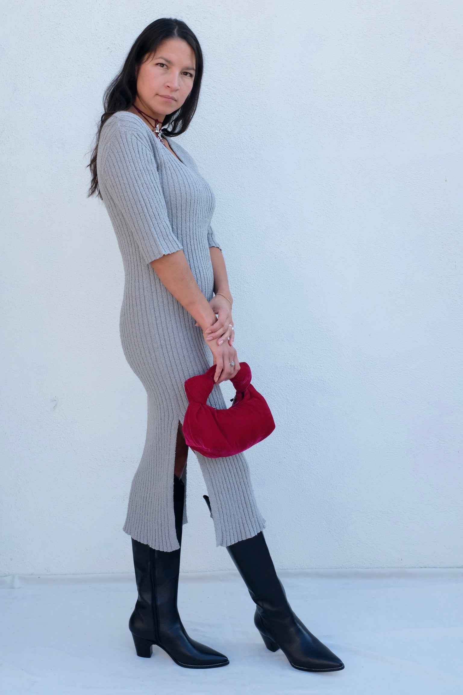 Bouclé V Neck Dress / Light Grey