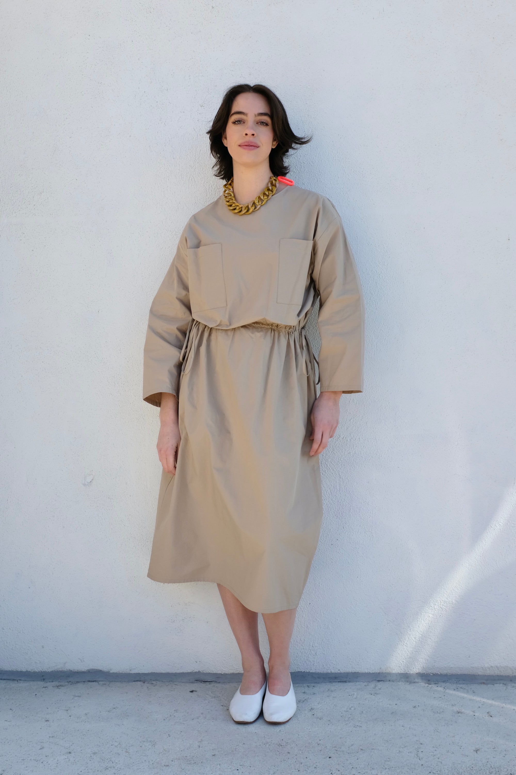 Modern Weaving Drawstring Pocket Dress / Taupe