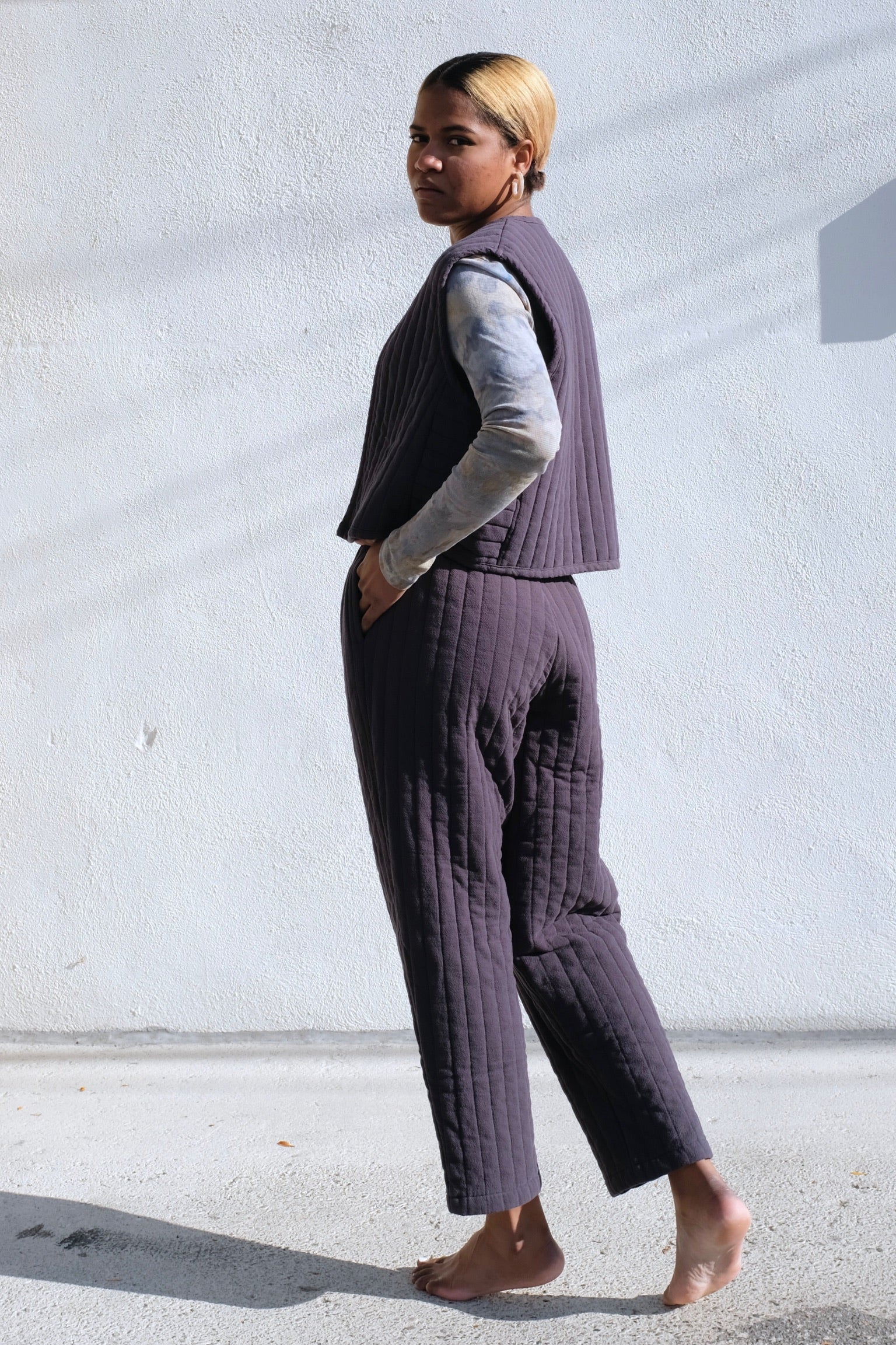 Black Crane Quilted Easy Pants / Dark Navy
