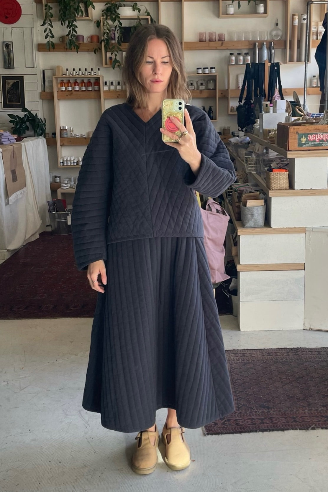 Black Crane Quilted Skirt / Dark Navy
