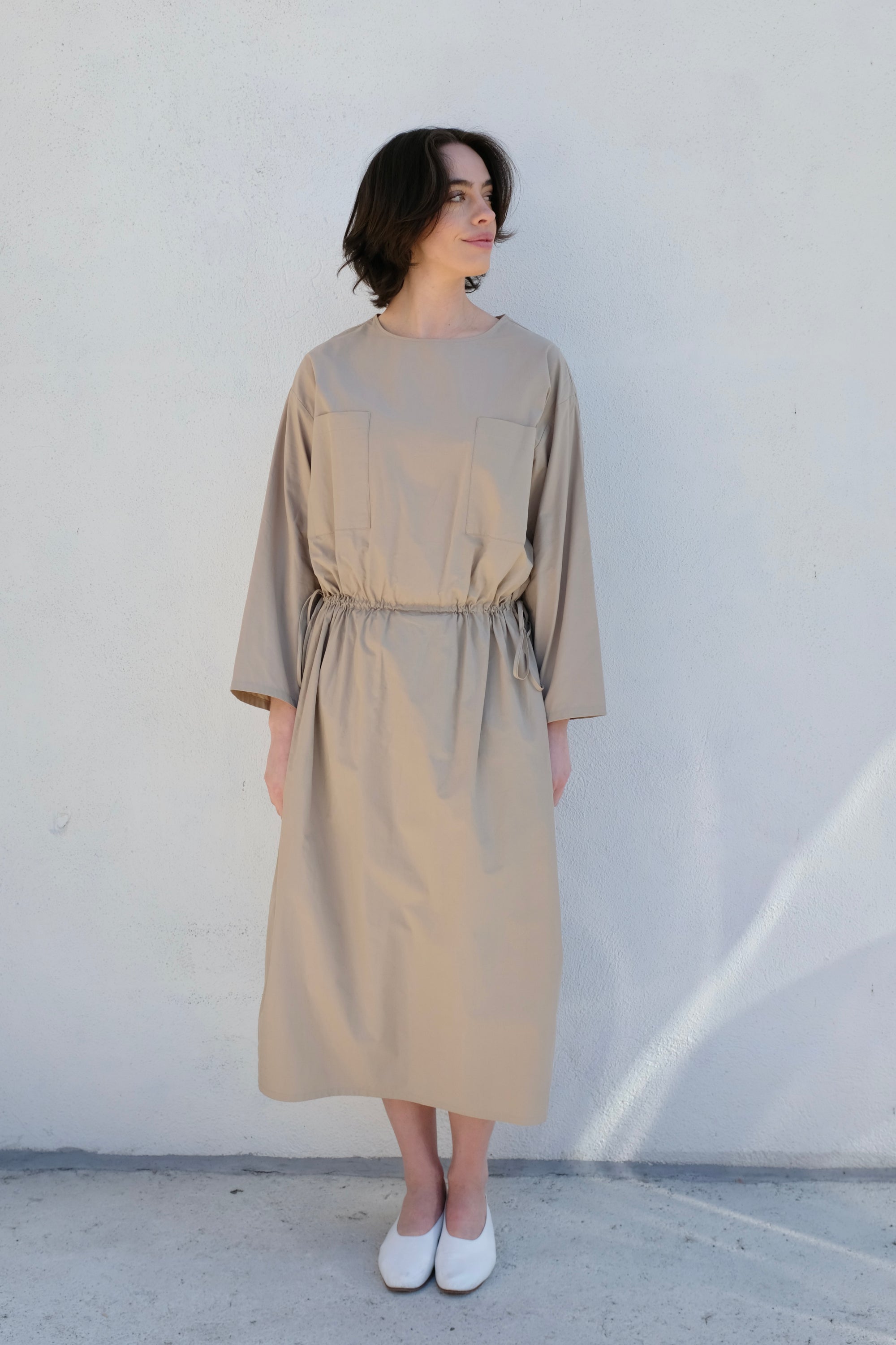 Modern Weaving Drawstring Pocket Dress / Taupe