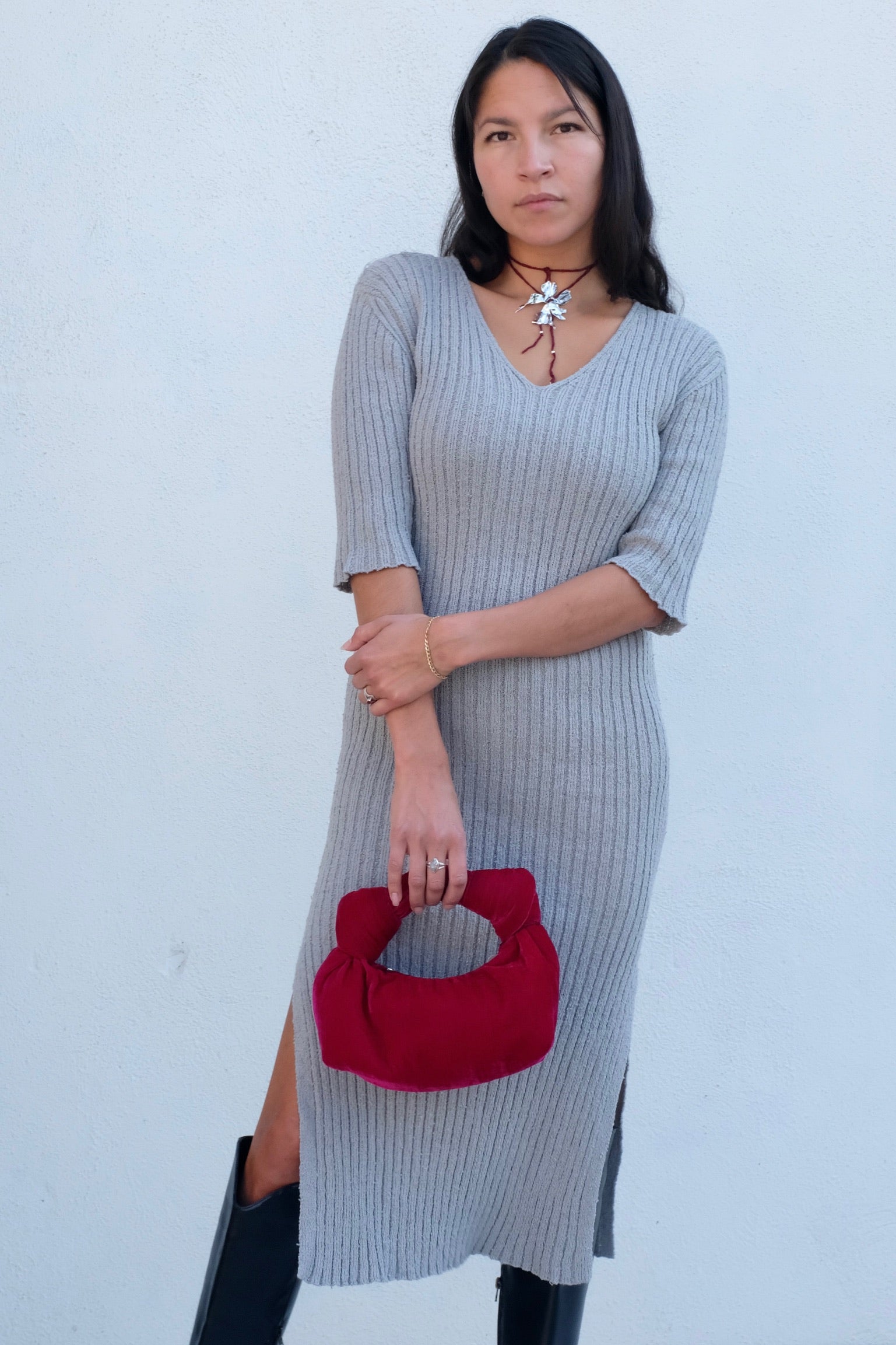 Bouclé V Neck Dress / Light Grey