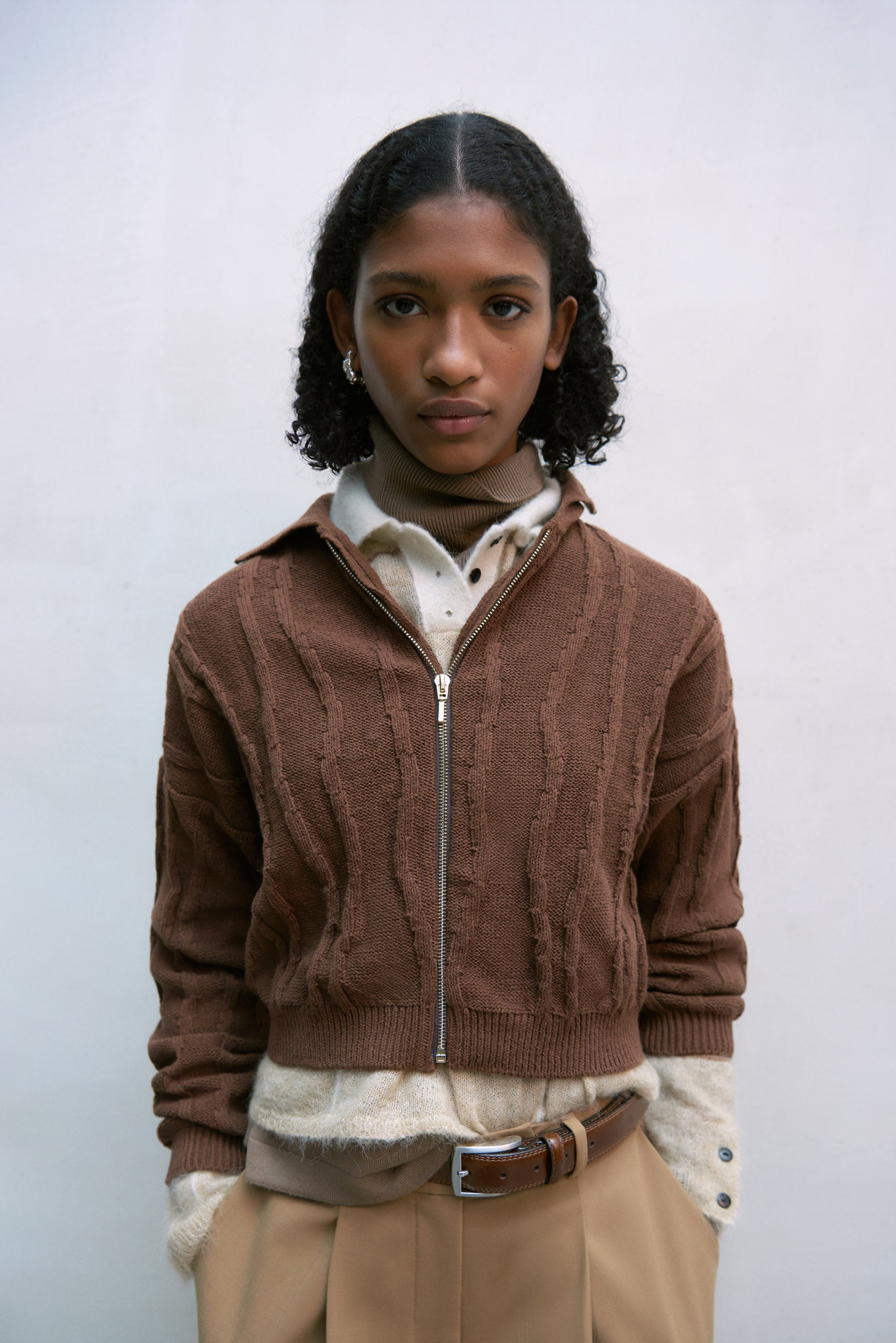 Cordera Cotton Zip Cardigan / Madera