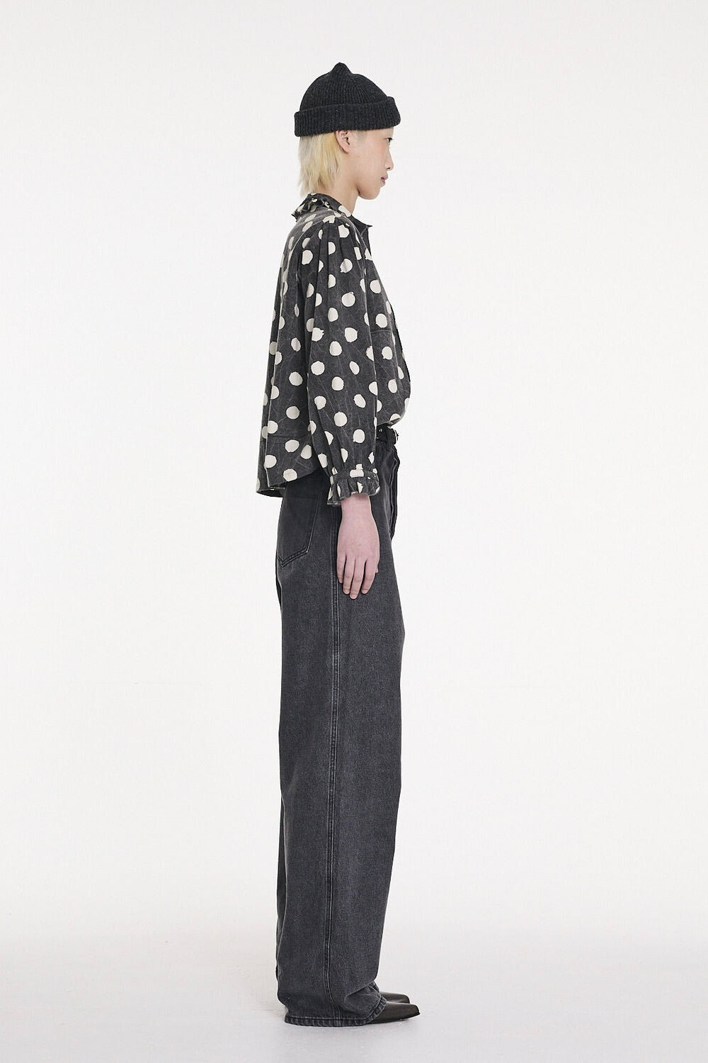 La Fetiche Jane Irregular Spot Printed Cotton Blouse / Washed Black & White