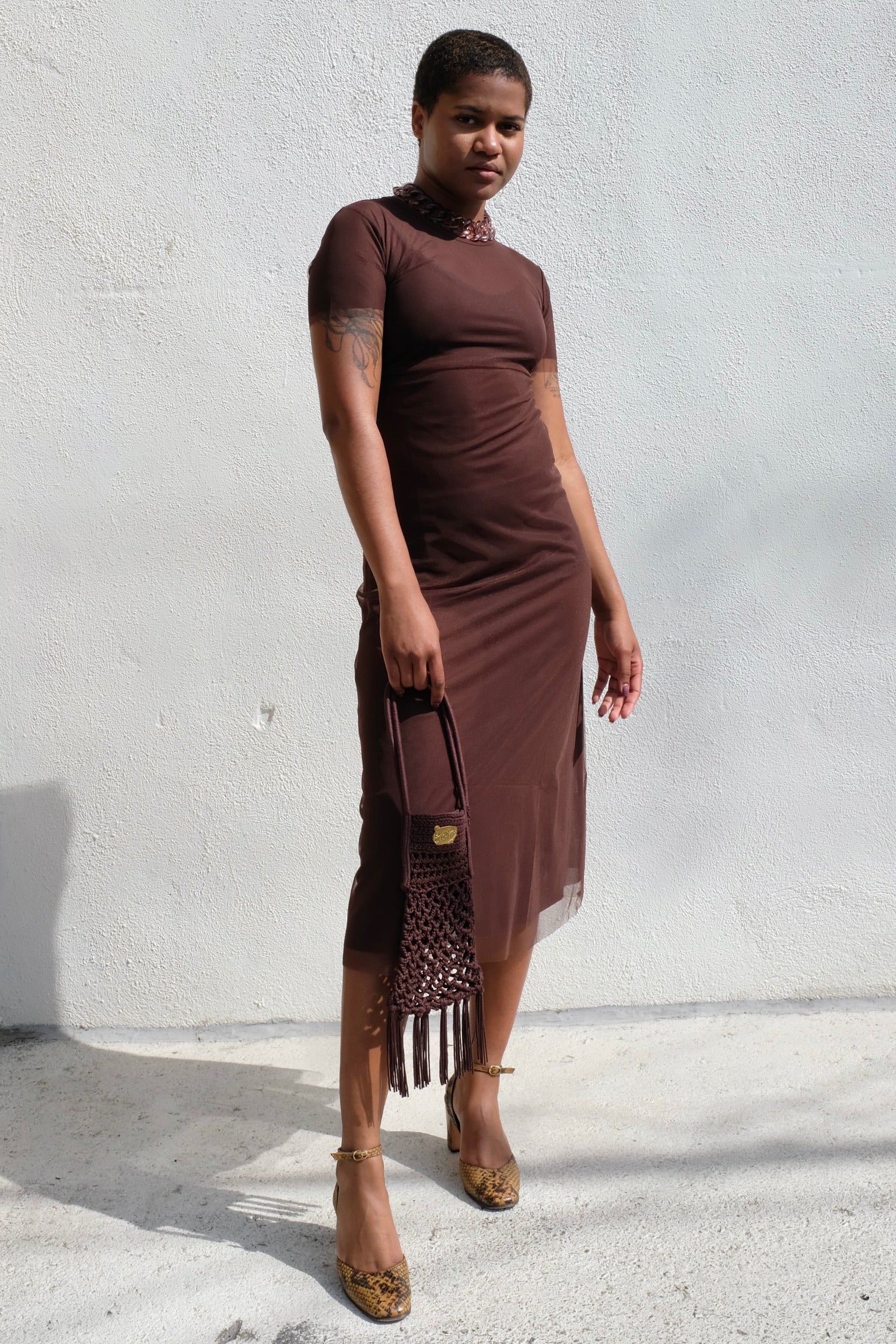 Fitted Mesh T Dress / Chocolate