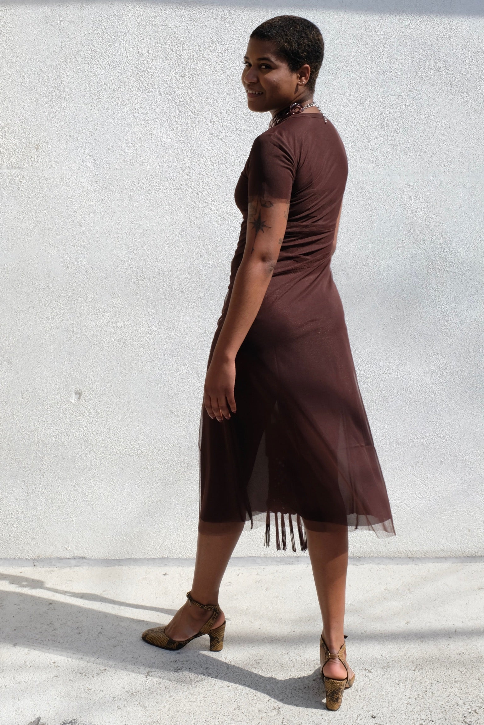 Fitted Mesh T Dress / Chocolate