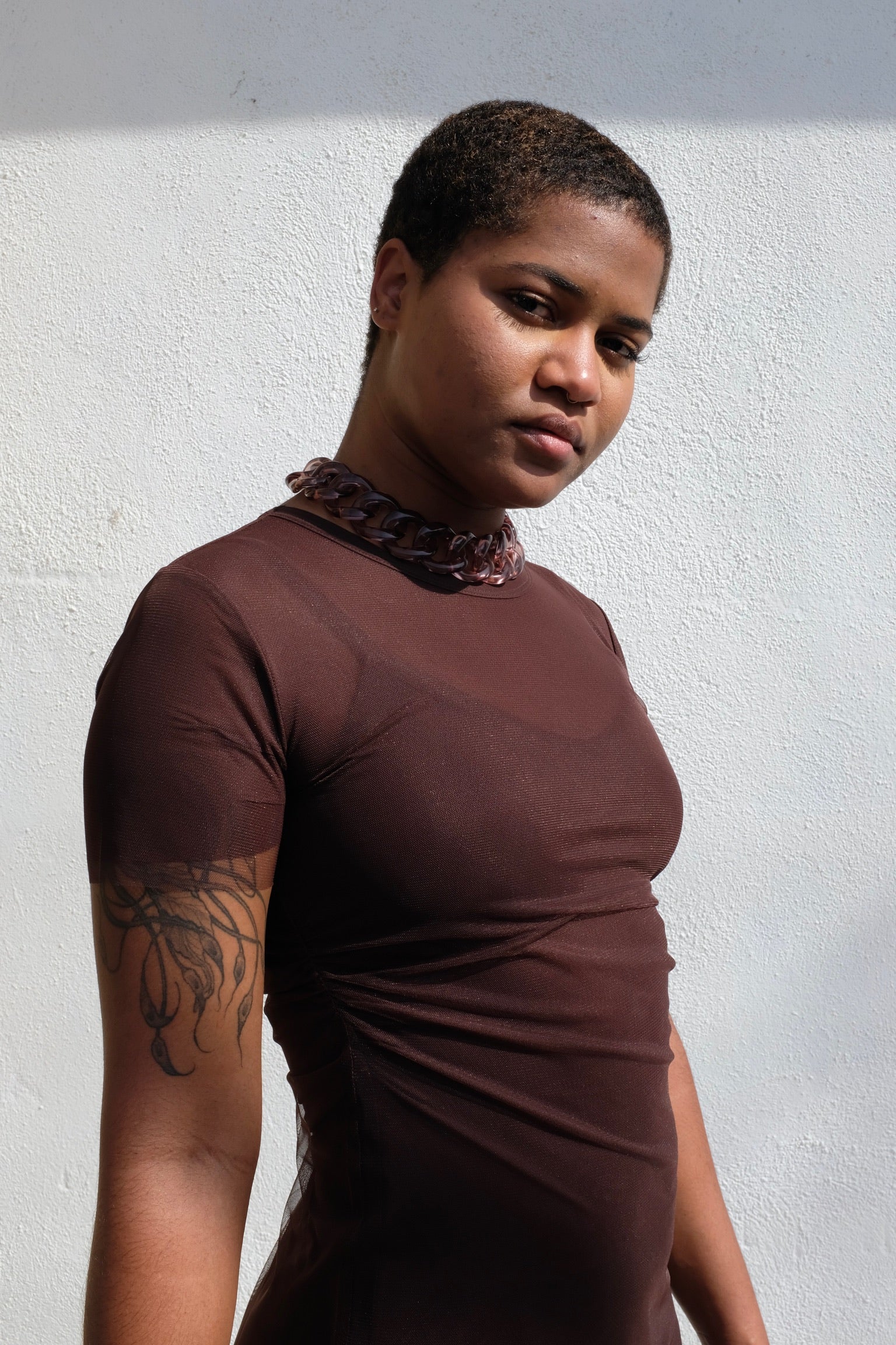 Fitted Mesh T Dress / Chocolate