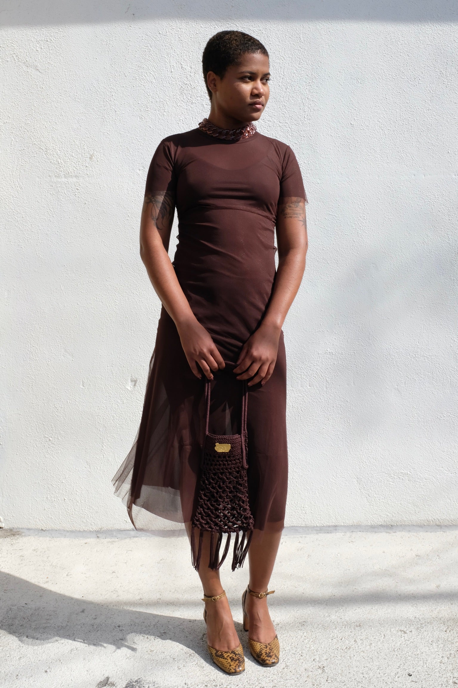 Fitted Mesh T Dress / Chocolate