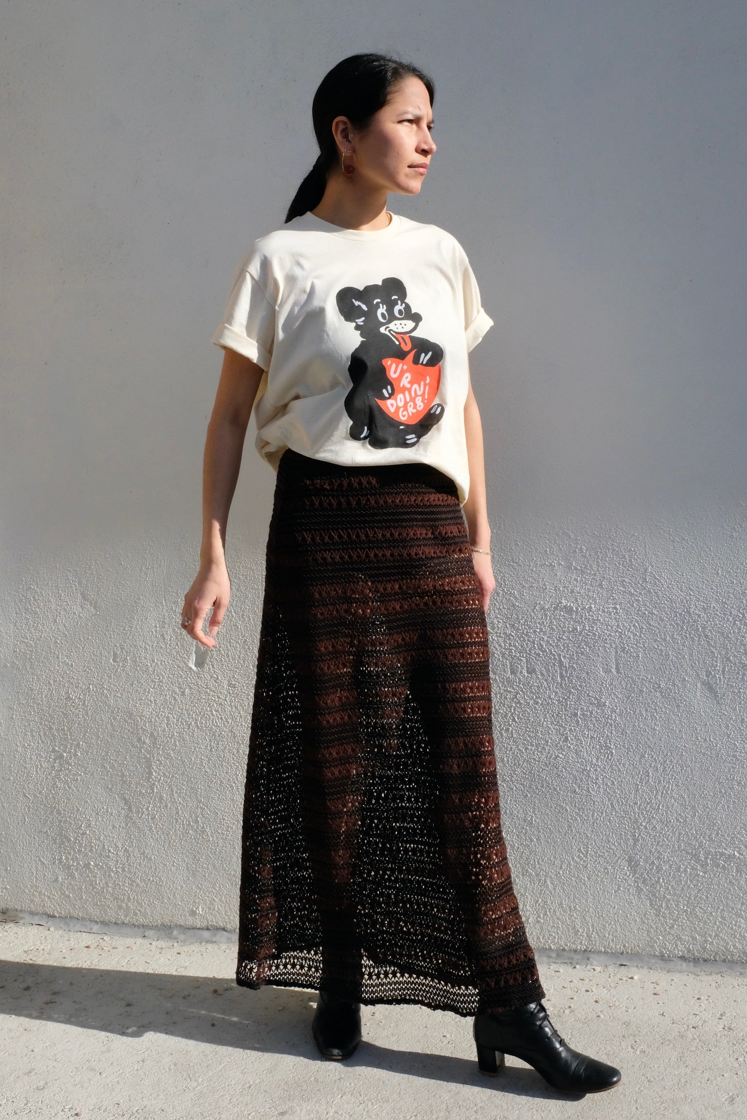 Crochet Slim Midi Skirt / Brown Black