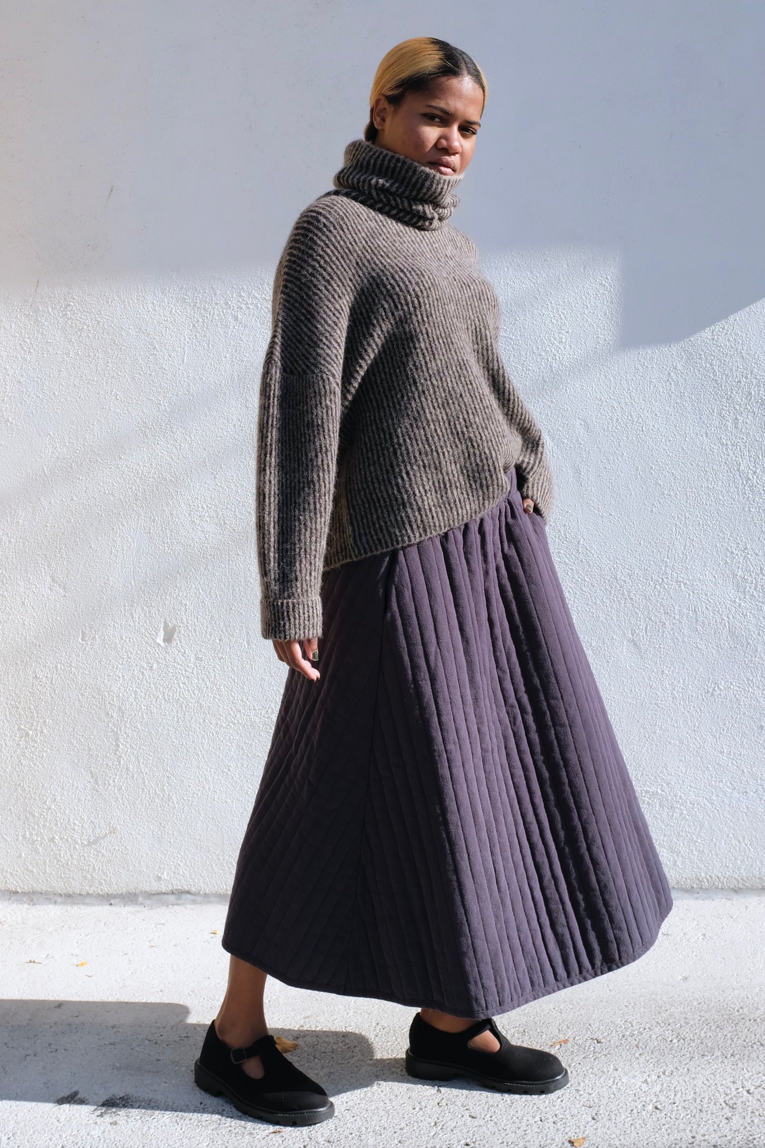 Black Crane Quilted Skirt / Dark Navy