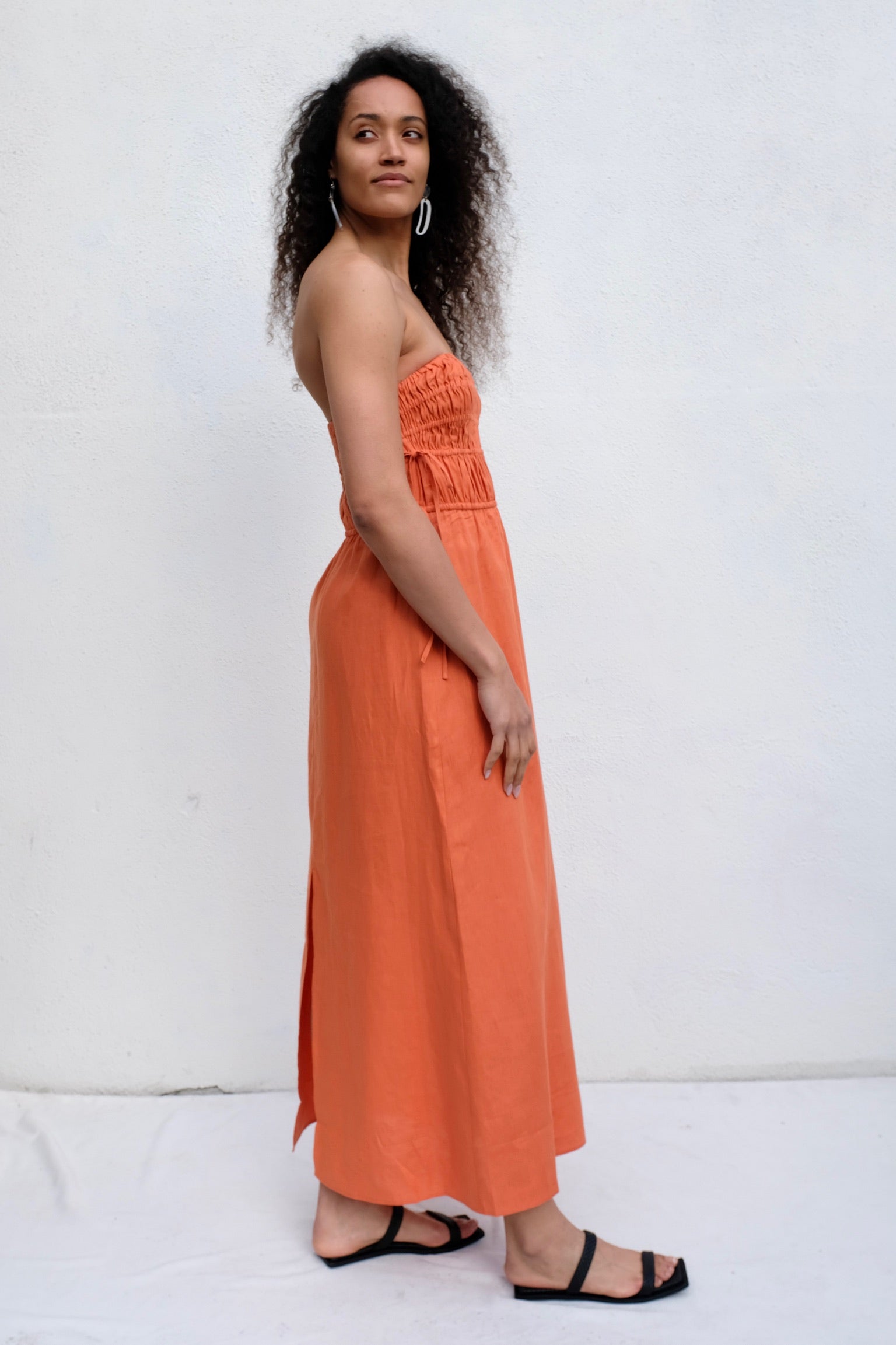 Peony Strapless Midi Dress / Melon