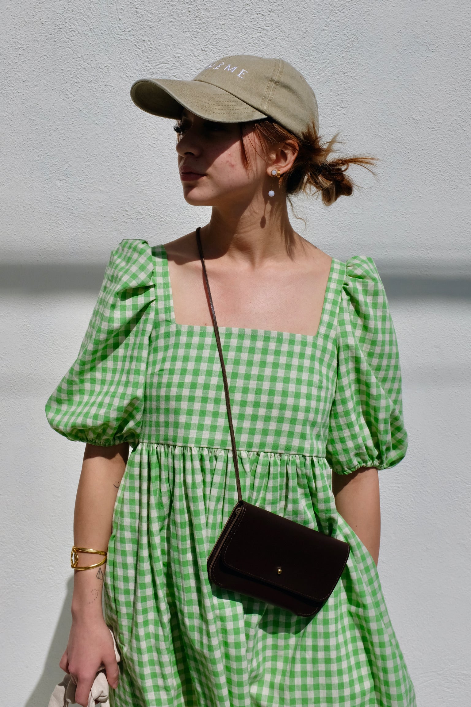 Bronze Age Manon Mini Puff Dress / Lime Gingham