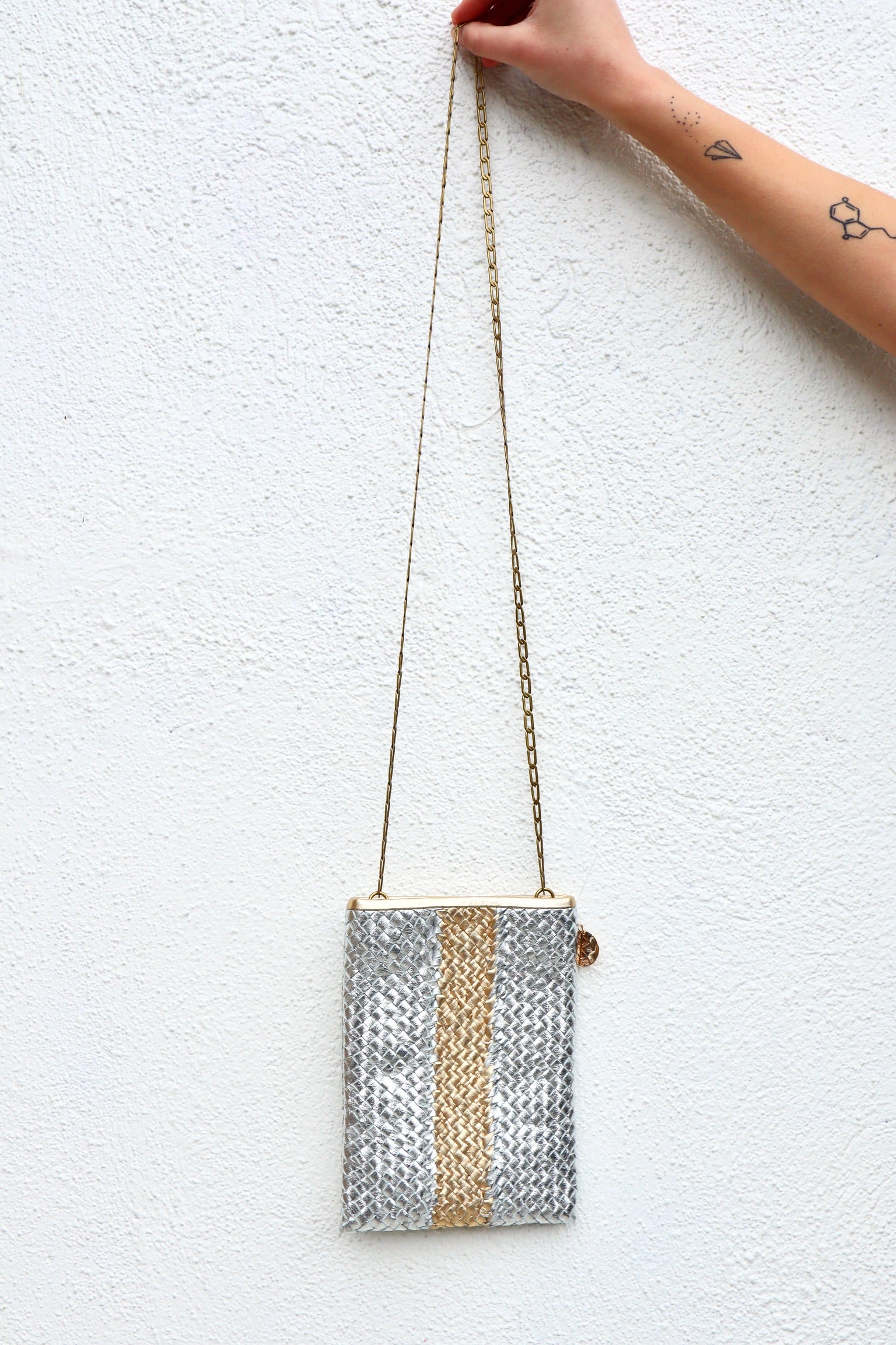 Clare V. Poche Woven Wide Stripe / Gold/Silver