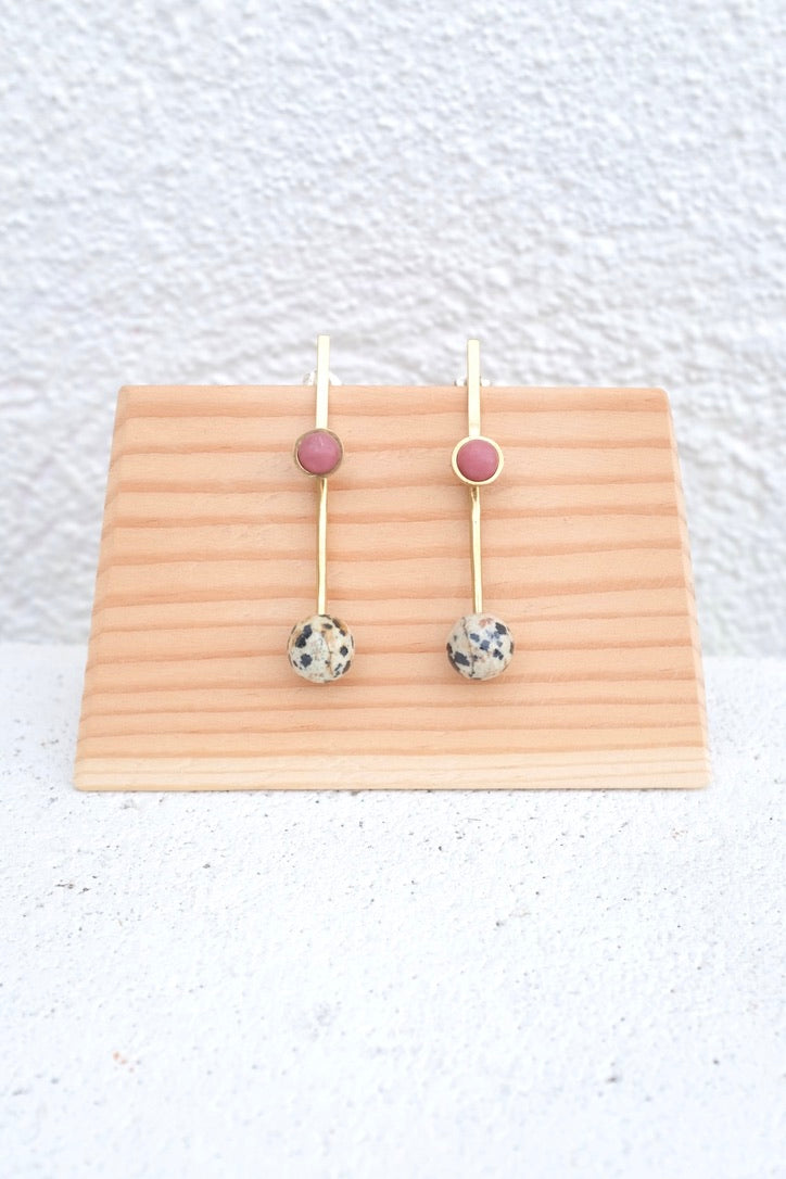 Long Annika Quarry Double Earrings / Brass with Dalmatian Jasper & Rhondonite