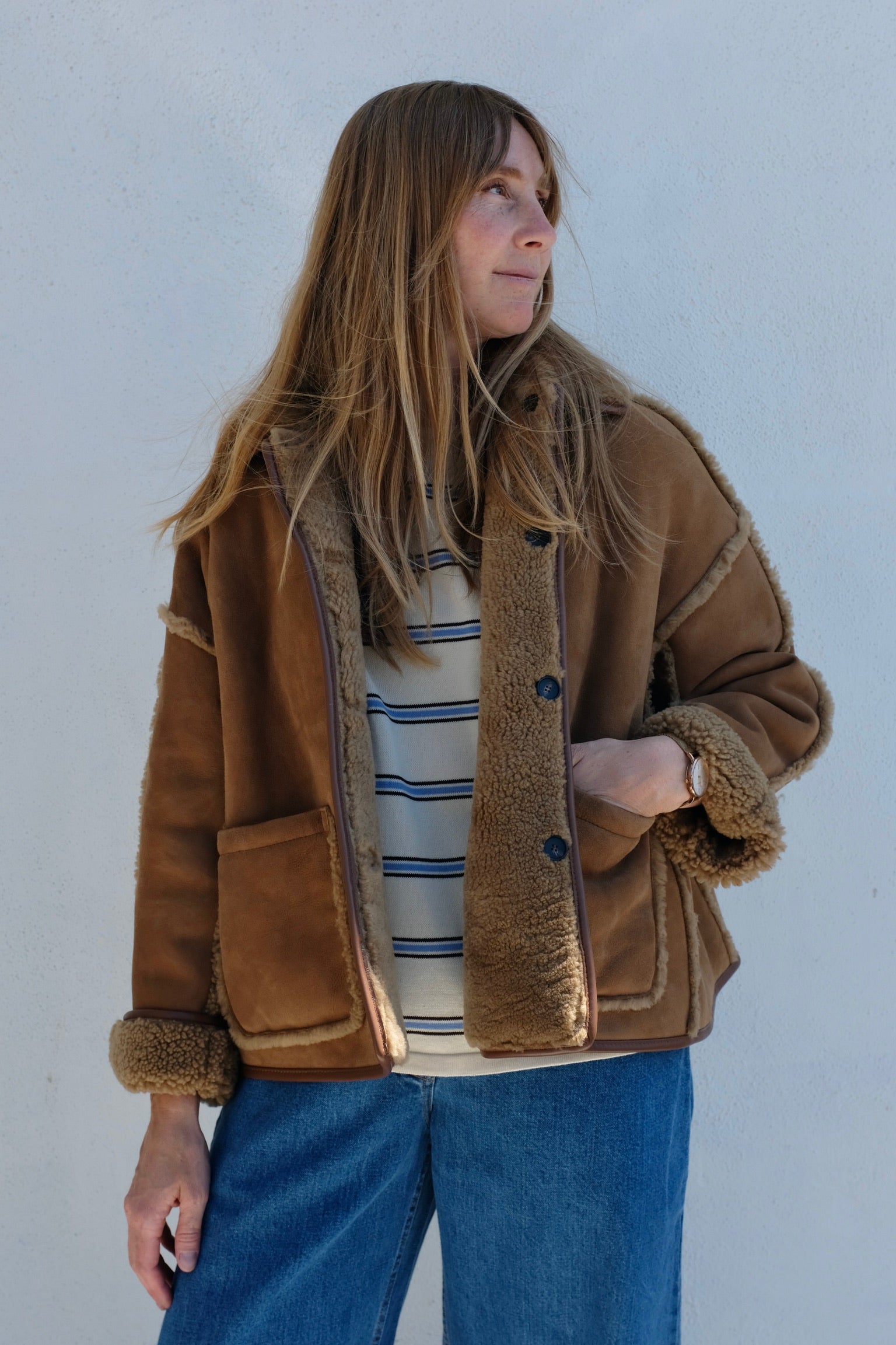 Cawley Suede Back Curly Hair Seam Out Avis Jacket / Tan