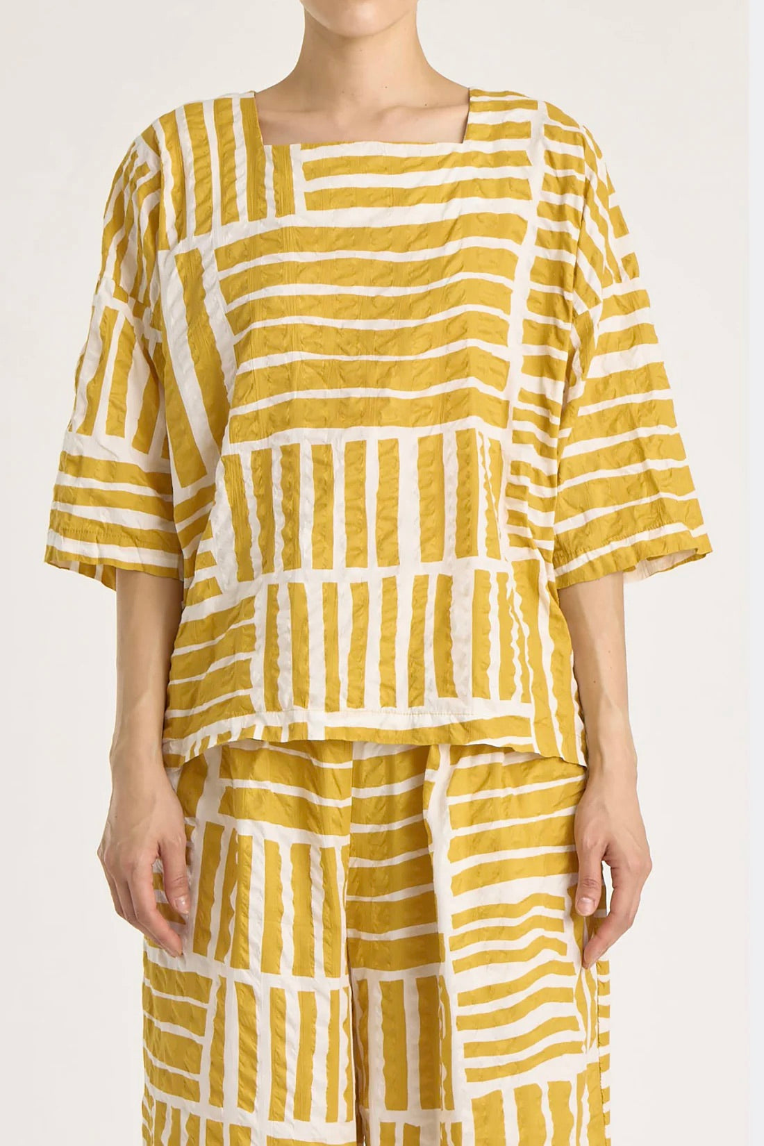 Black Crane Square Neck Top / Gold Print