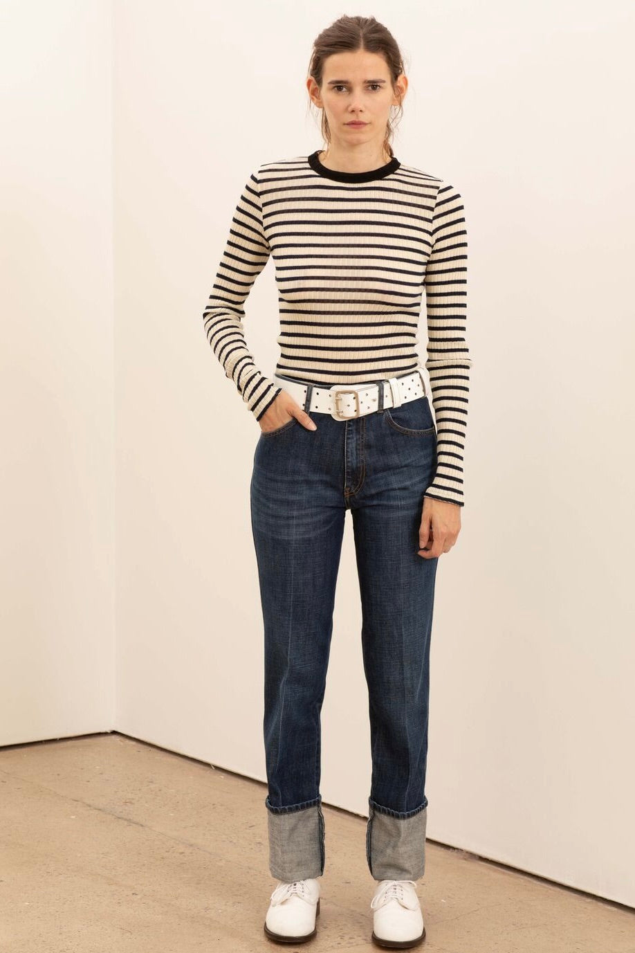 La Fetiche Jackie Raye Fine Ribbed Top / Ecru + Navy