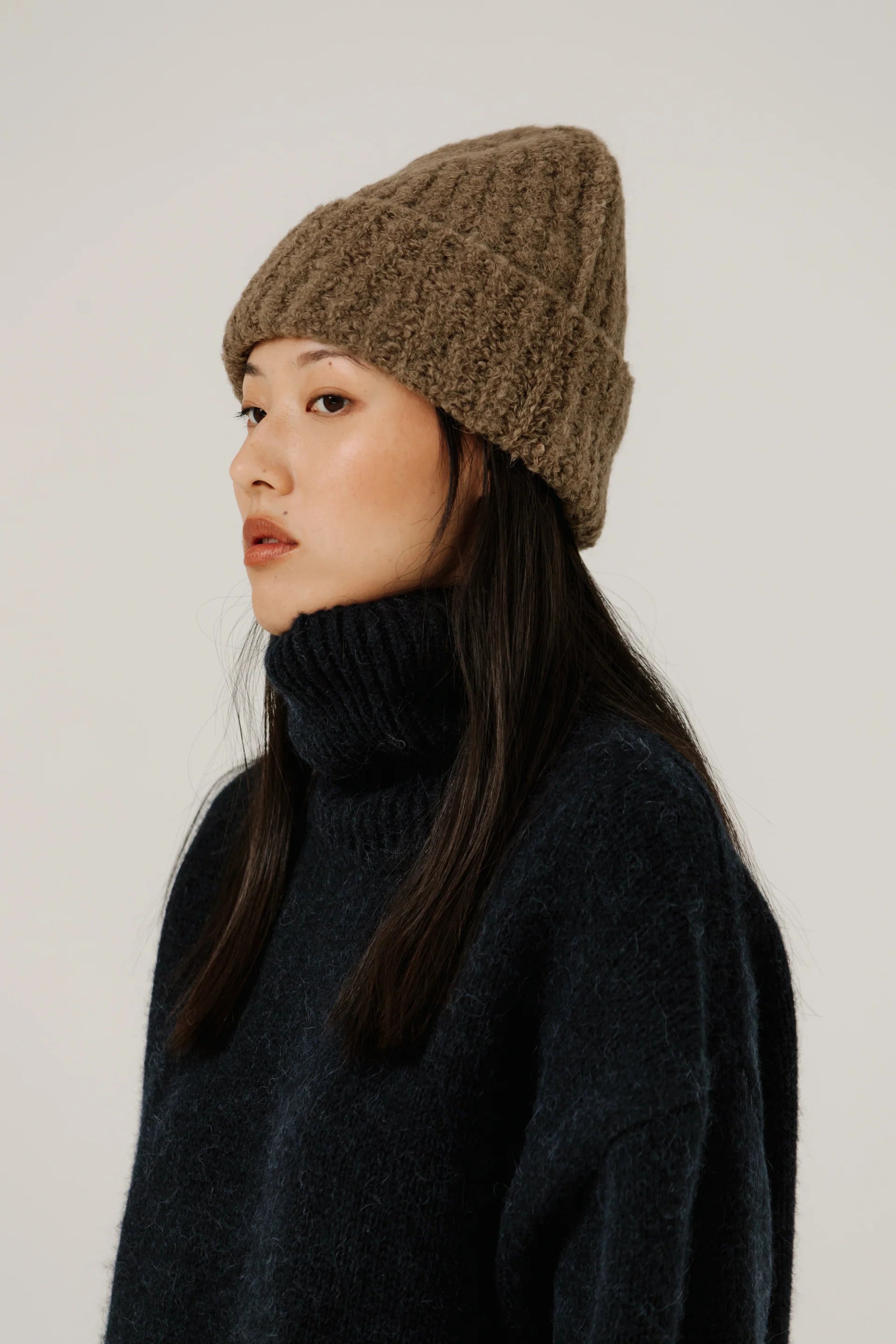 Bare Knitwear Colette Boucle Beanie / Dark Khaki