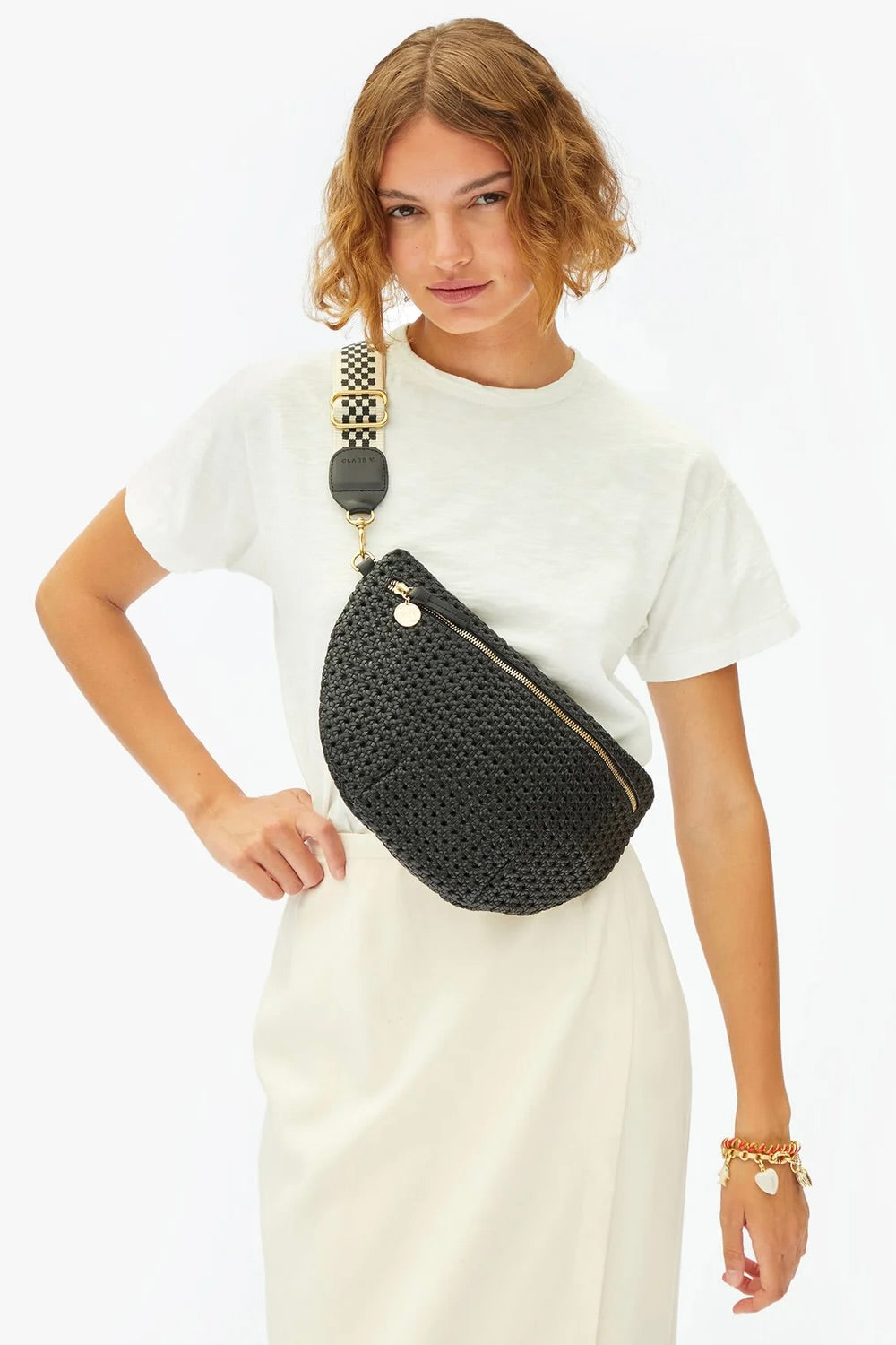 Adjustable Crossbody Strap / Black + Cream Checker