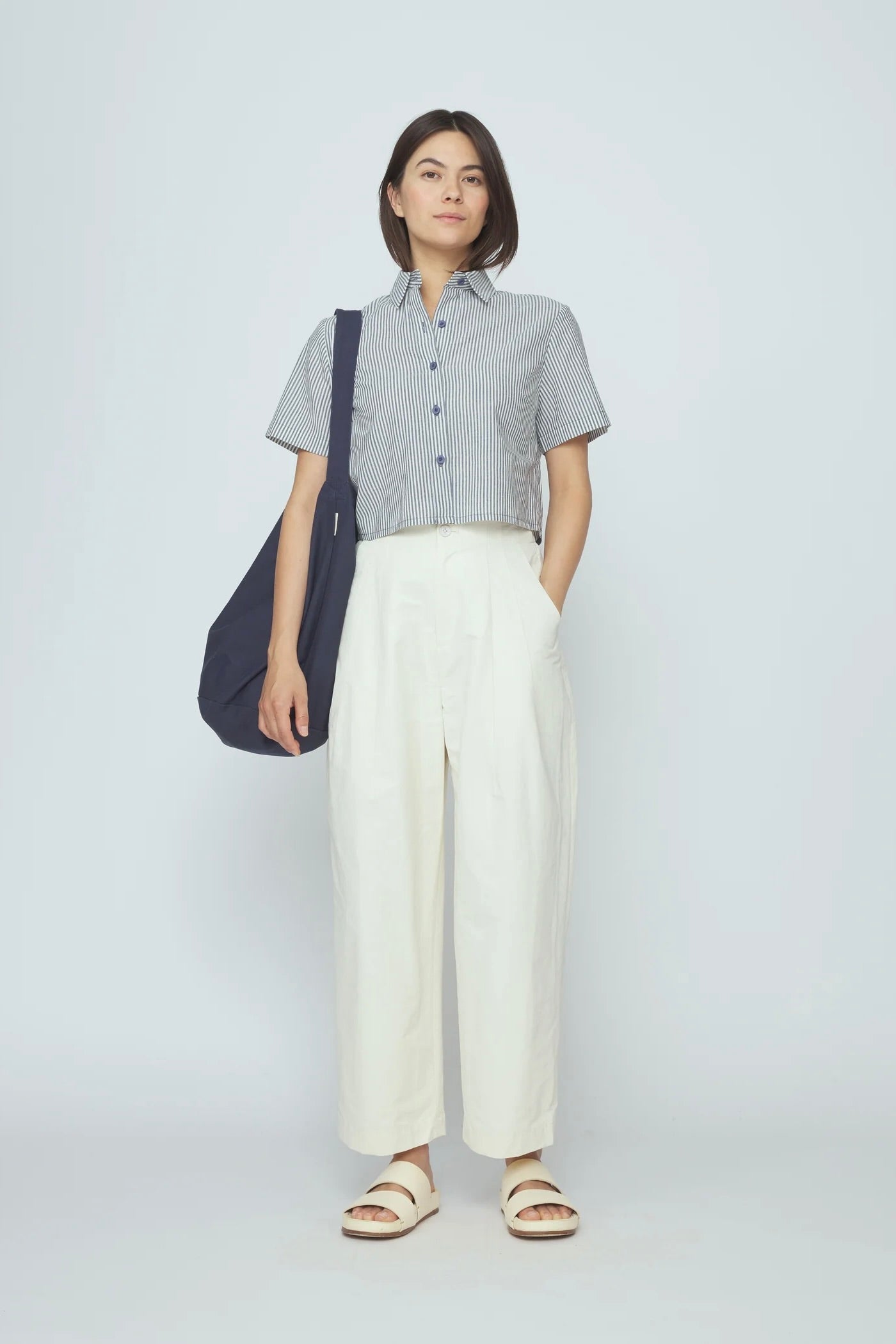 7115 by Szeki Striped Cropped Shirt / Navy