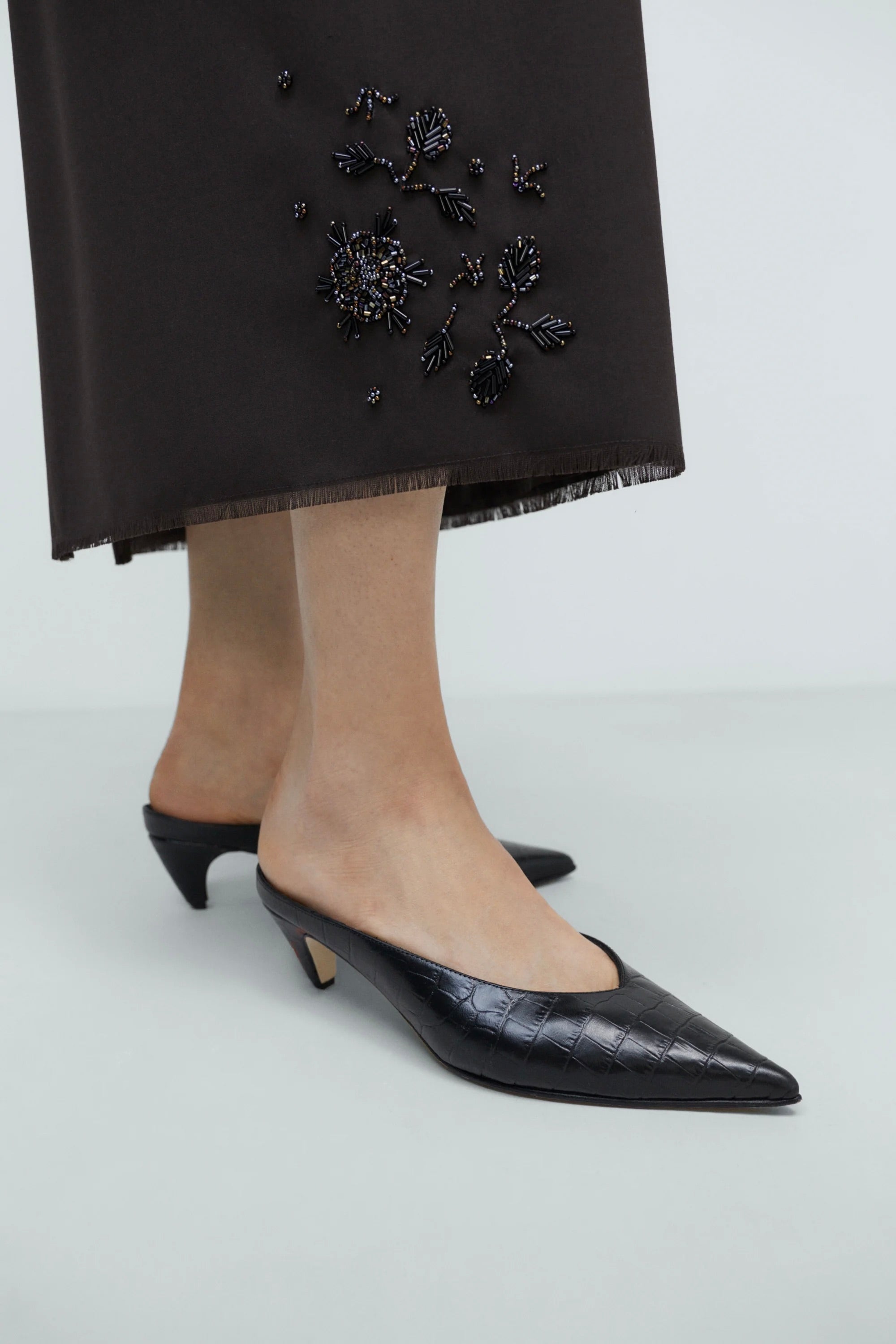 Cordera Leather Pointy Mule / Crocodile Black