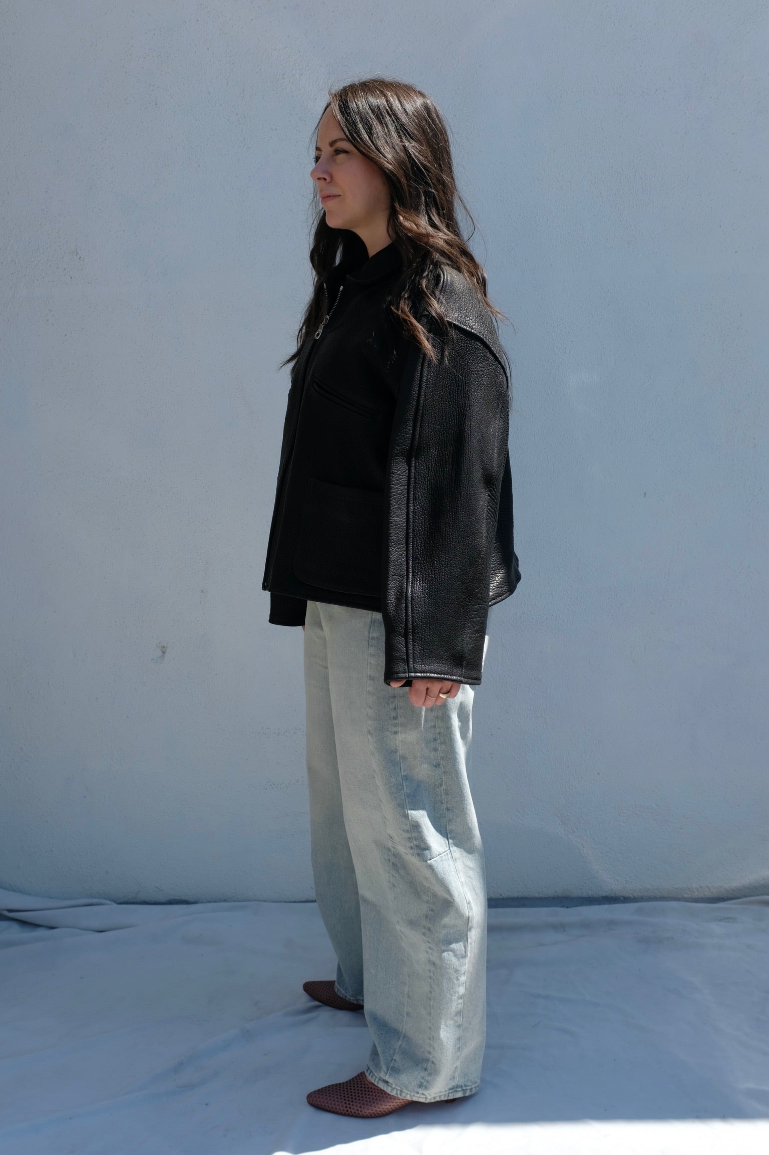 Cawley Stretch Wrinkle Leather Flying Jacket / Liquorice