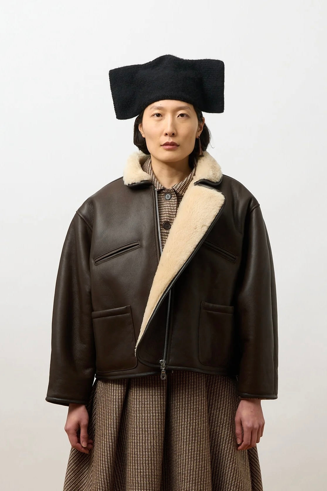Cawley Leather Back Curly Hair Sheepskin Flying Jacket / Chocolate + Cream