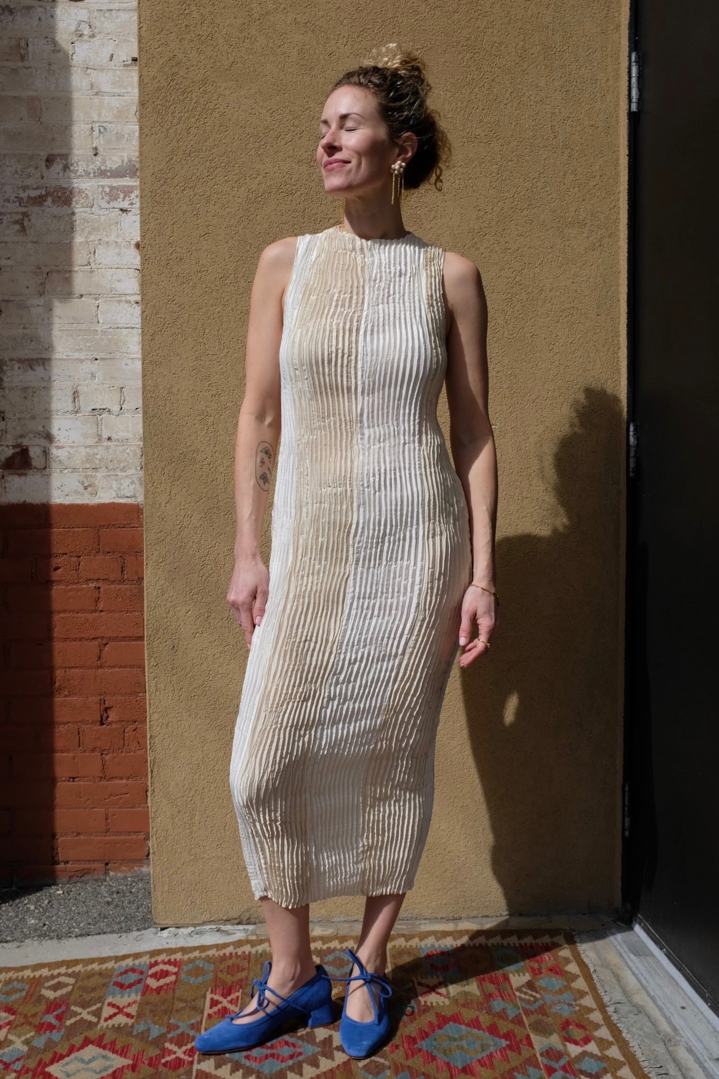 Azur Striped tank Long Dress / Off White + White