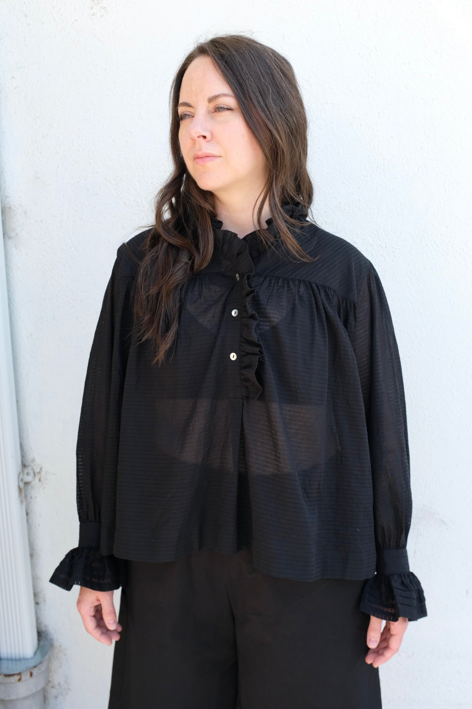 Cawley Cotton Sophie Shirt / Midnight Japanese Sheer Stripe