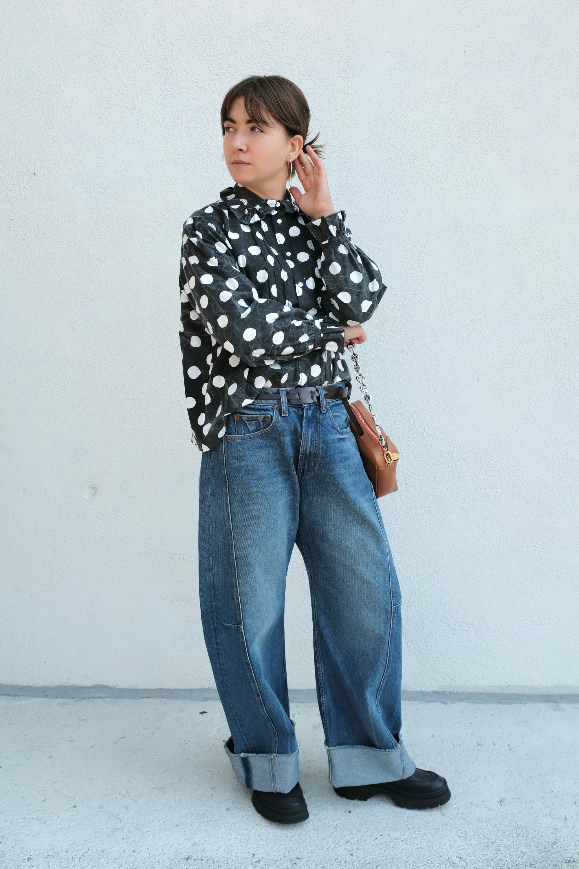 La Fetiche Jane Irregular Spot Printed Cotton Blouse / Washed Black & White