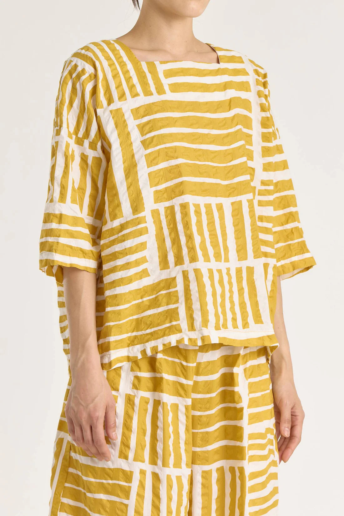 Black Crane Square Neck Top / Gold Print